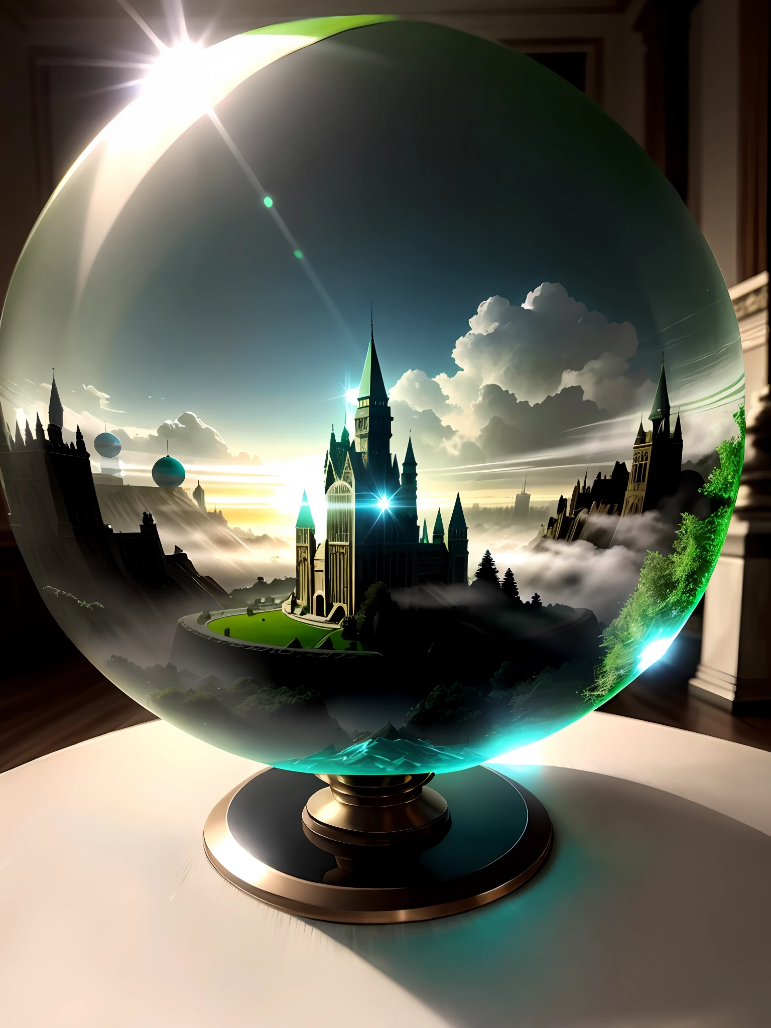 fog, artistic, fantastic, hyperrealism, 16K high resolution, Unreal Engine, Soft light, (Green Earth trapped in crystal sphere: 1.4), (Max Sharp Focus: 1.4), (Crystal sphere with pedestal placed on an urban table: 1.3), Backlight ,