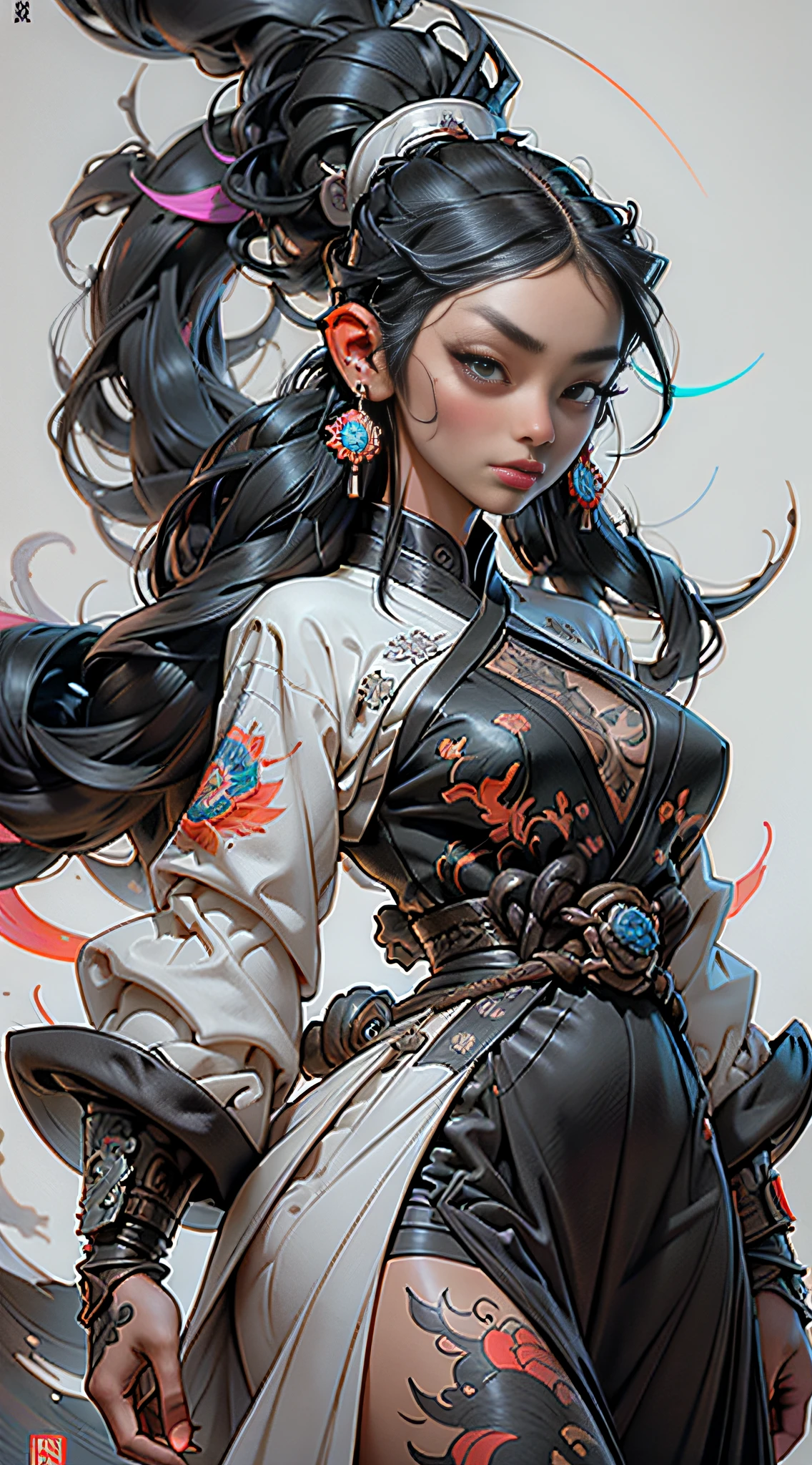 wuxia,vector art,1black woman with tattoos,black hair,white clothes,super colorful,luminous colorization,sharp, cinematic,dof,35mm,pintura luminosa