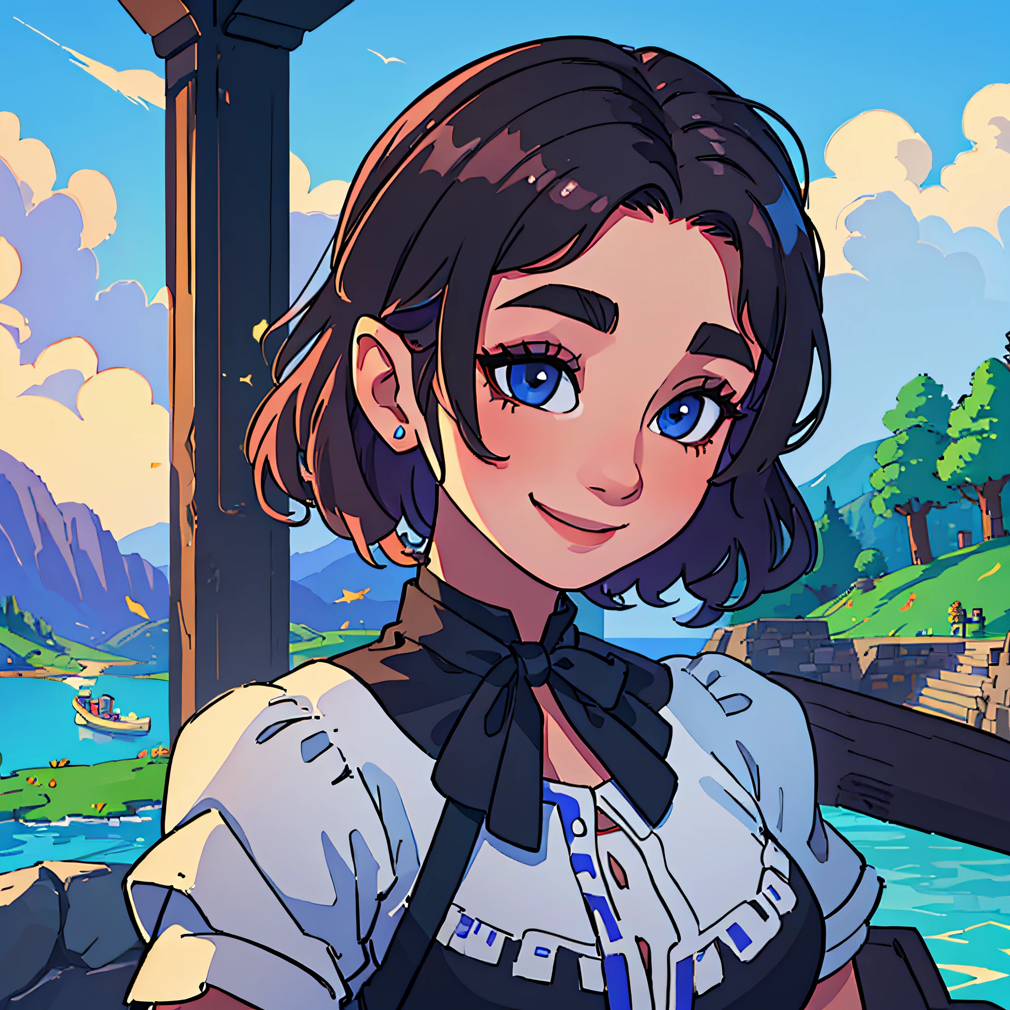 ((masterpiece, best quality)), zelda\(princess\), 1girl, solo, breasts, short_hair, dress, portrait, looking at viewer, smile, 8k wallpaper, on lake, black_cape, close up, pixel_art, totk, sexy --auto --s2