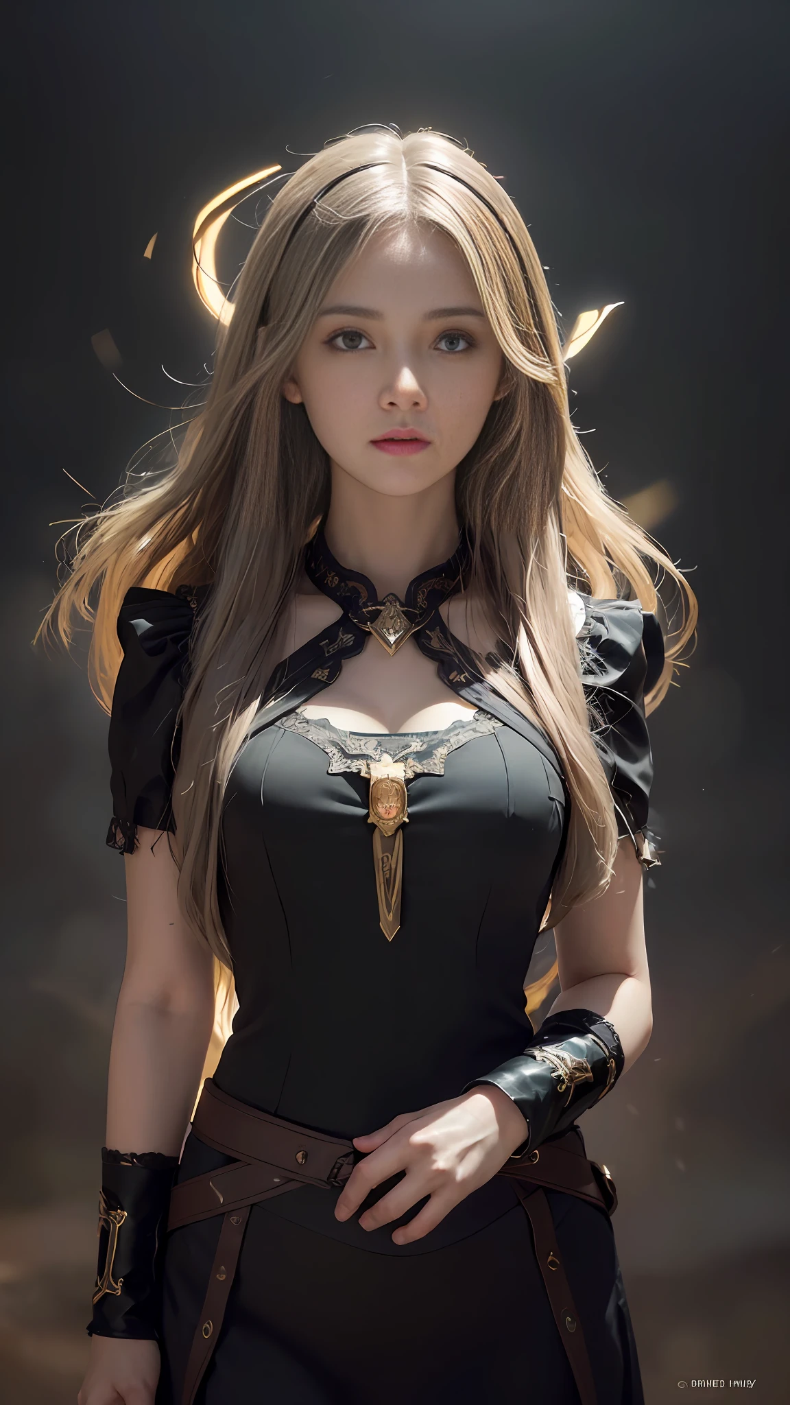 (front focus), (in the dark:1.6), Hyperrealist portrait of female by david hockney and alphonse mucha, fantasy art, photo realistic, dynamic lighting, artstation, poster, volumetric lighting, very detailed faces, 4 k, award winning, 1girl, in the dark, deep shadow, low key, cowboy shot, (official clothing:1.4), long hair, white hair