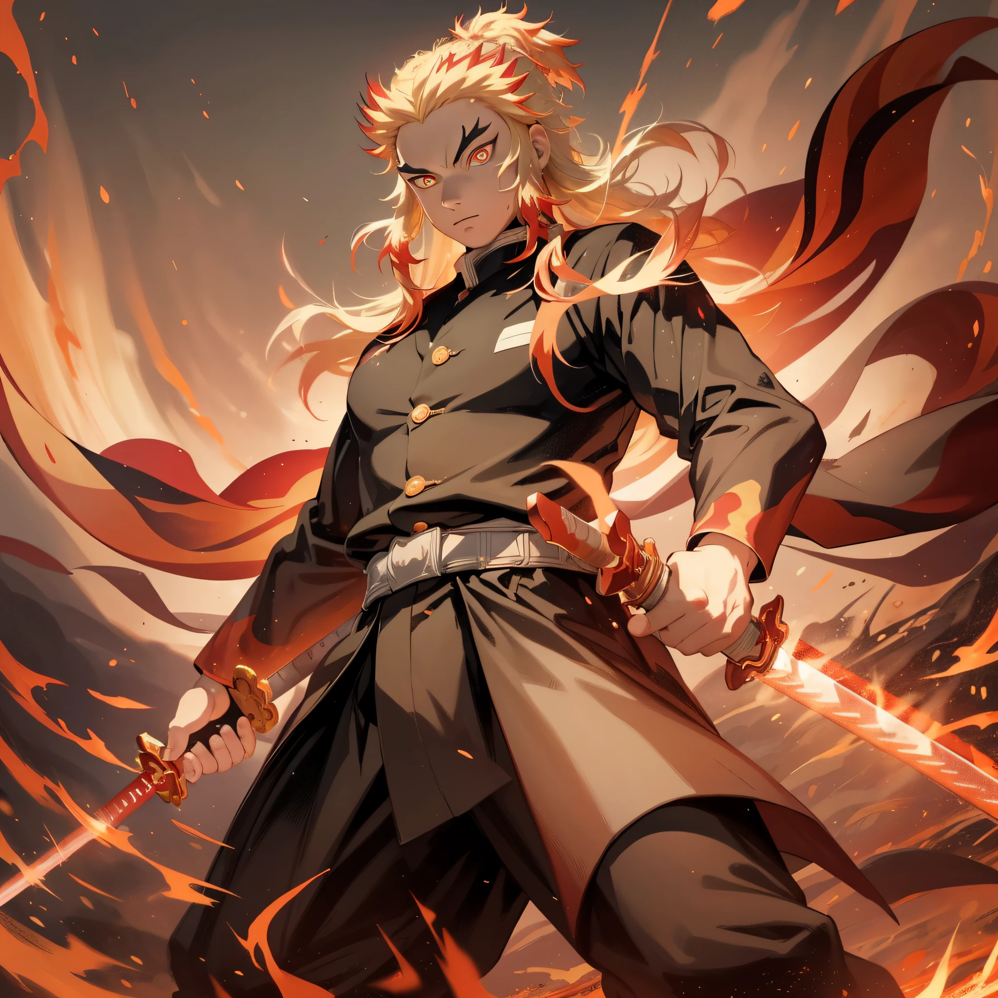 (extremely realistic, high definition character design), Rengoku Kyojuro standing in Sage Of Six Path Mode(Naruto), majestic and powerful,(red glowing eyes:1.2),(glowing sword:1.3), flames engulfing his body, dynamic pose, standing on a burning battlefield, intense light and shadow contrast, high saturation colors, vivid and impactful.