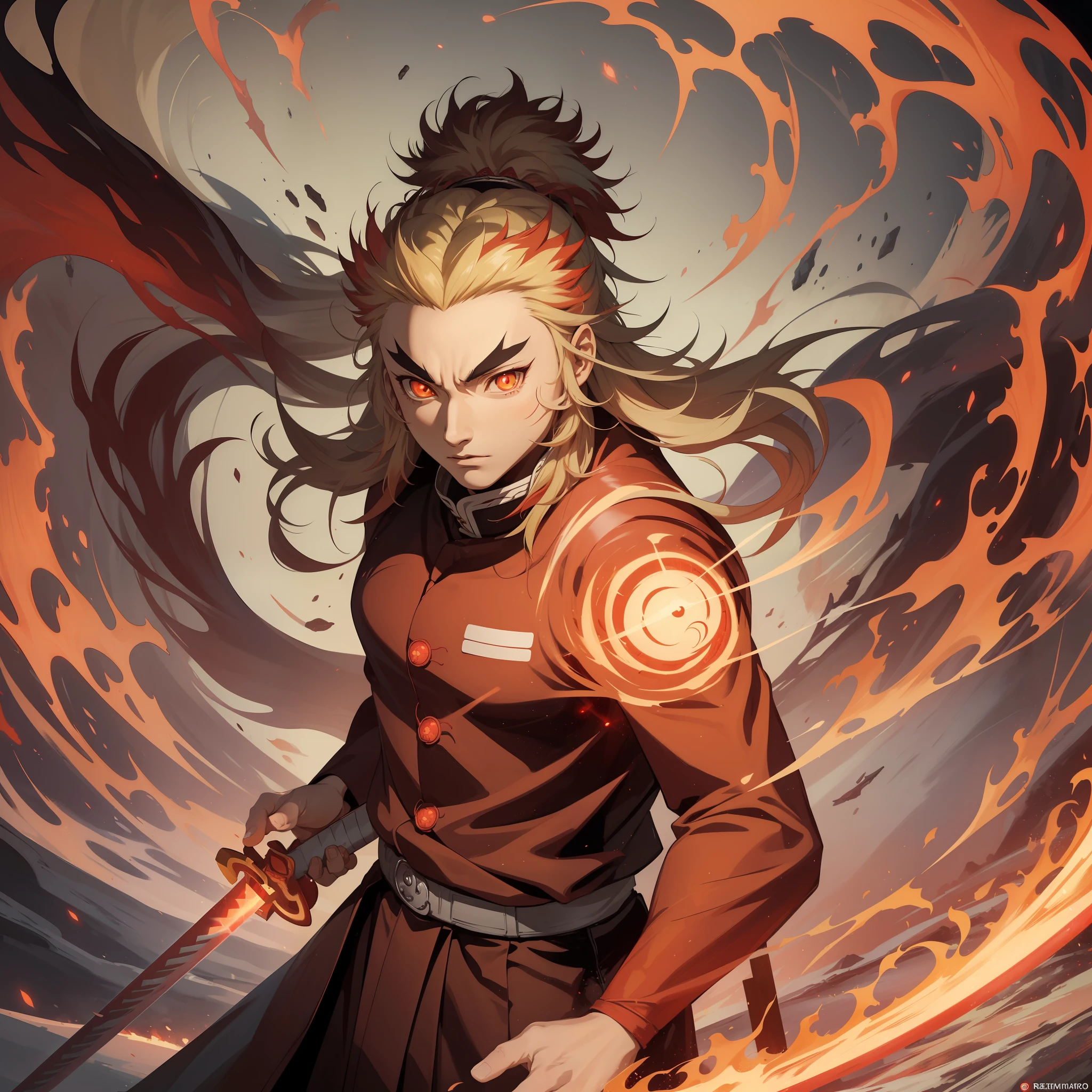 (extremely realistic, high definition character design), Rengoku Kyojuro standing in Sage Of Six Path Mode(Naruto), majestic and powerful,(red glowing eyes:1.2),(glowing sword:1.3), flames engulfing his body, dynamic pose, standing on a burning battlefield, intense light and shadow contrast, high saturation colors, vivid and impactful.