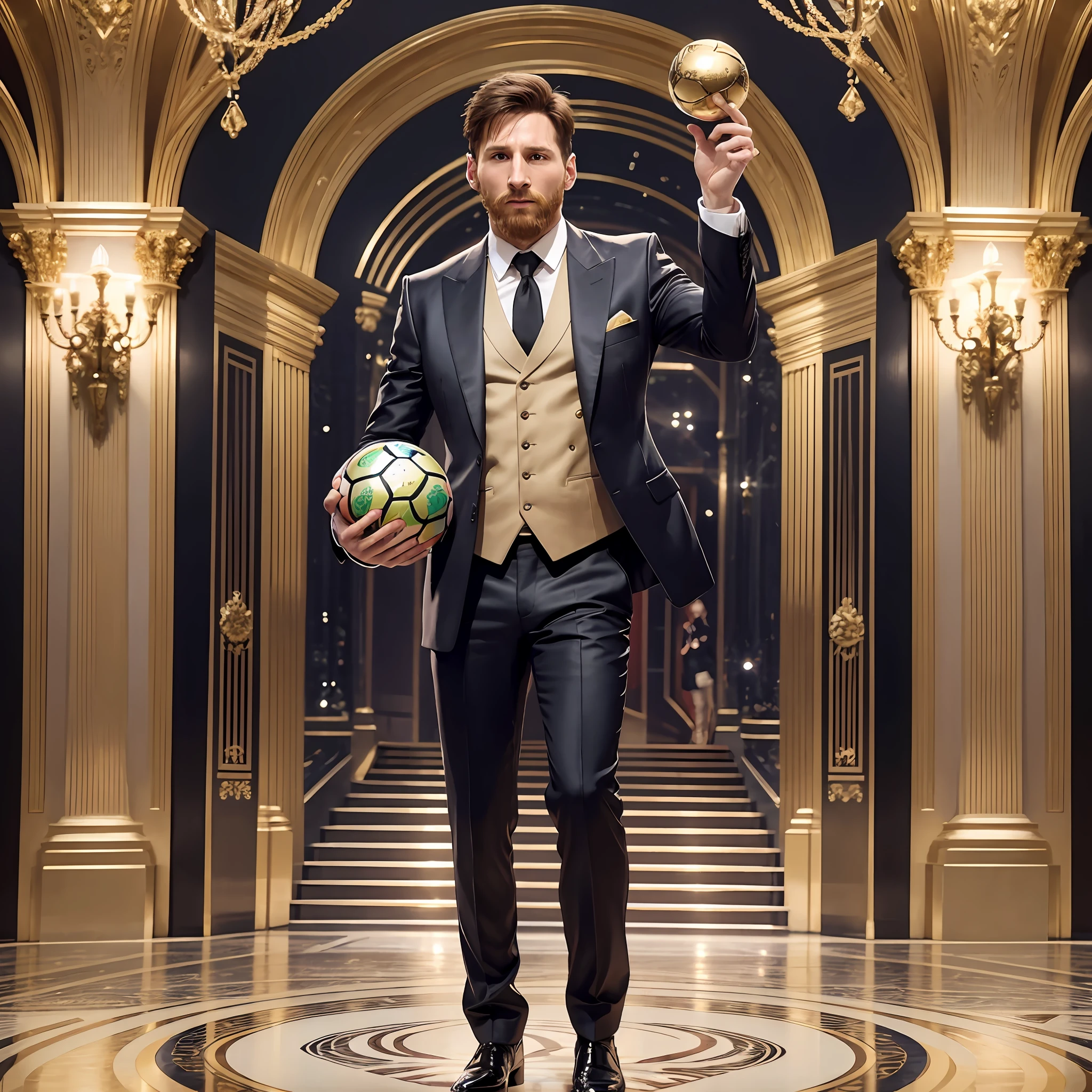 Clear! Here you are:

You must portray Lionel Messi in an ultra-realistic painting, wearing an elegant suit, on the red carpet of the Oscars. In the scene, Messi is waving to the crowd with an expression of weariness but also of happiness as he holds the golden ball in one hand and the World Cup trophy in the other. The red carpet is luxurious and opulent, with a row of bright spotlights illuminating the background of the painting. Behind Messi, other celebrities can be seen in their gala attire, but he is the center of attention, with all the attention turned to him at this special moment. Be sure to capture every detail meticulously in your painting, including the wrinkles of the suit, the bright lights, and the facial expressions of all the characters in the scene. Good luck!