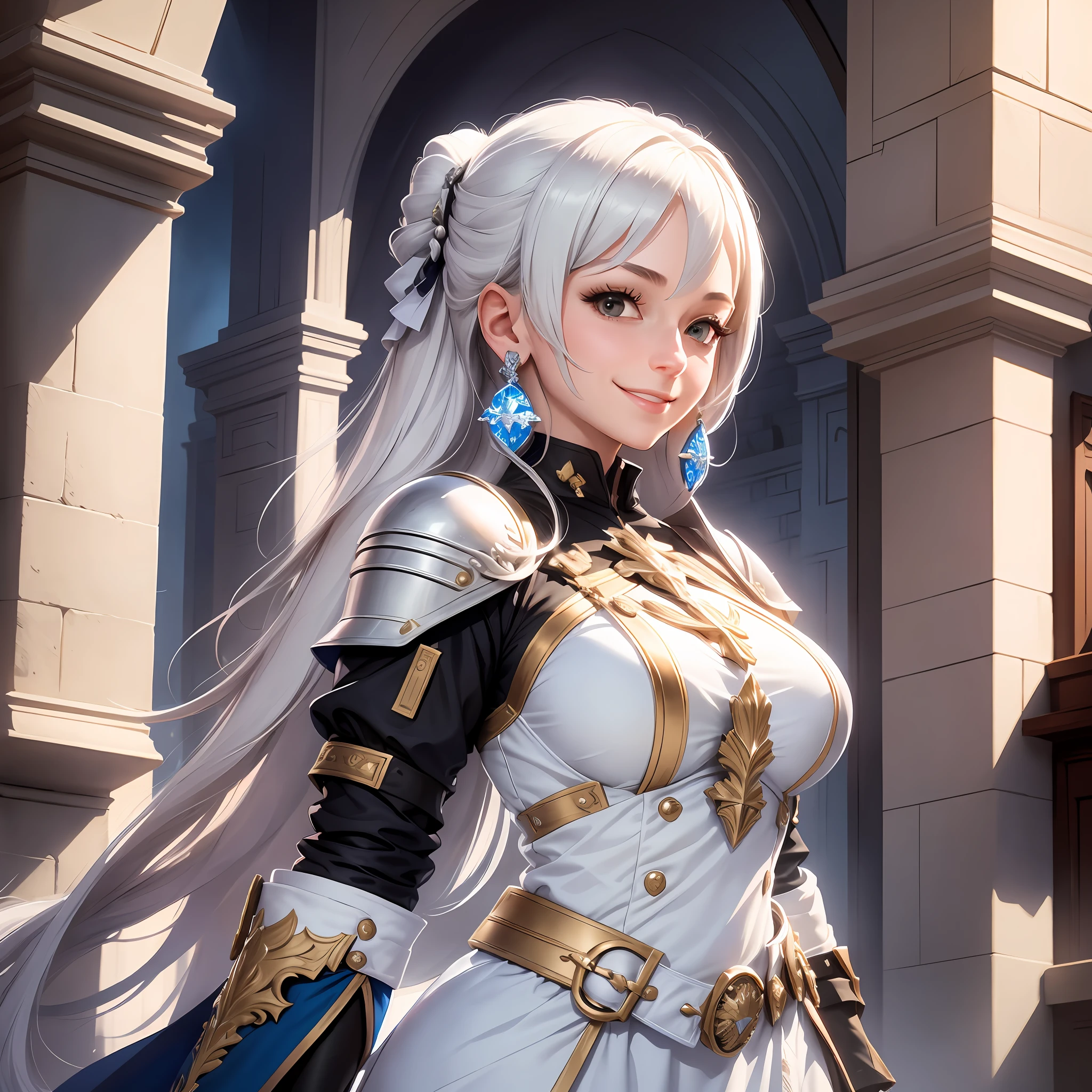1girl, (forward leaning:0.6), white dress, breast armor, white hair, pony tail, left hand holding shield, (detailed shield:0.9), smiling, medium breast, hair ornament, (detailed armor:0.9), knight uniform, earings, castle background, holy light, head to knee shot, confident,