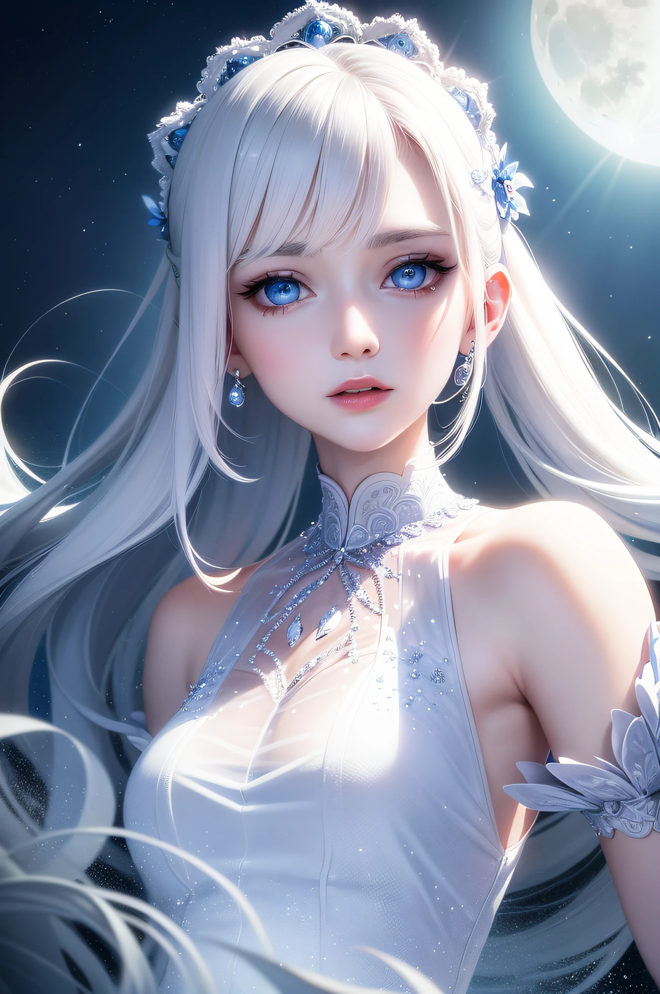 Masterpiece, (Best Quality: 1.2), (Super Fine: 1.2), Illustration, (Extremely Delicate and Beautiful: 1.2), Film Angle, Floating, (Beautiful Detail Eye: 1.1), (Detail Light: 1.1), Film Lights, Delicate Sky, Woman, White Hair, Blue Eyes, (High Ponytail: 1.1), Cloak, Glowing Eyes, (Moon: 1.2), (Moonlight: 1.1), Starry Sky, (Light Particles: 1.1), Fog , snow painting, sketching, blooming