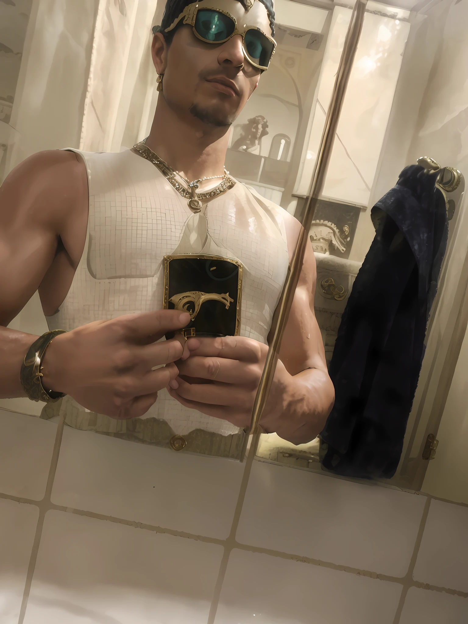 wearing a low cut tanktop(Gianne Versace tank top:1.5), wearing a tanktop, wearing tanktop, fit pic, no shirt under the vest, 2 3 years old, 2 7 years old, 2 2 years old, full body picture, best quality picture, 2 9 years old lean, fit pic, perfect lighting, flexing in the mirror, wearing sunglasses(white Versace:1.4), versace belt with medusa head logo ( head of Medusa the a Greek mythological figure on the belt:1.6),standing in an ancient steam bath (roman bath:1.7), steamy, steam, smoke, muscular masculine man standing in the pool.