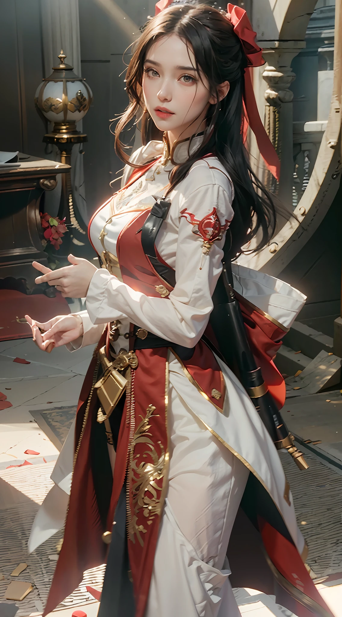 (Best Quality), ((Masterpiece)), (Details: 1.4), 3D, (Full Red Wedding Dress: 1.9), (Long Black Straight Hair: 1.7), (Red Hood: 1.2) (Red Lantern: 1.4) (Night) (Wedding Scene: 1.5), Candlelight Night, HDR (High Dynamic Range), Ray Tracing, NVIDIA RTX, Super-Resolution, Unreal 5, Subsurface Scattering, PBR Textures, Post-processing, anisotropic filtering, depth of field, maximum sharpness and sharpness, multi-layer textures, albedo and highlight mapping, surface shading, accurate simulation of light-material interactions, perfect proportions, Octane Render, two-color light, large aperture, low ISO, white balance, rule of thirds, 8K RAW,