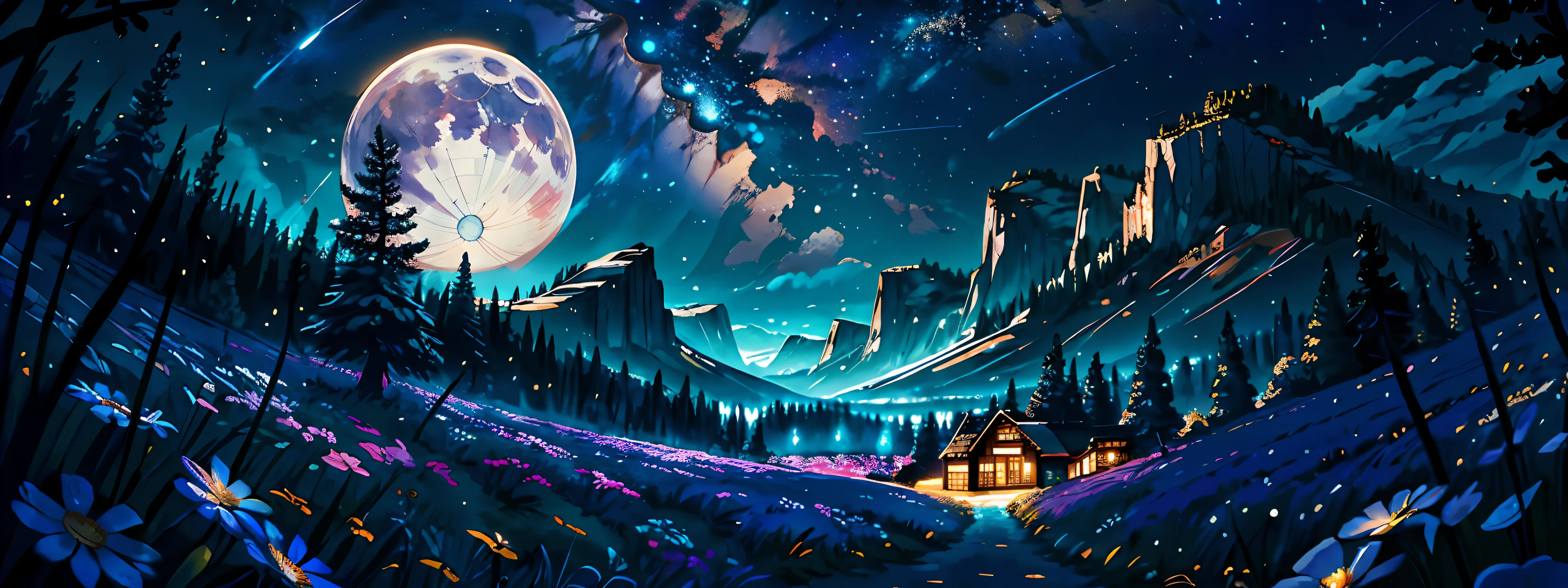 Expansive landscape photograph, (view from below with a view of the sky and the wilderness below), little girl standing in a flower field looking up, (full moon: 1.2), (shooting star: 0.9), (nebula: 1.3), distant mountain, tree break production art, (warm light source: 1.2), (firefly: 1.2), lamp, purple and orange, intricate detail, volume lighting BREAK (masterpiece: 1.2), (highest quality ), 4k, ultra-detailed, (dynamic configuration: 1.4), highly detailed and colorful details (iridescent: 1.2), (sparkling lighting, atmospheric lighting), dreamy, magical, (solo: 1.2)