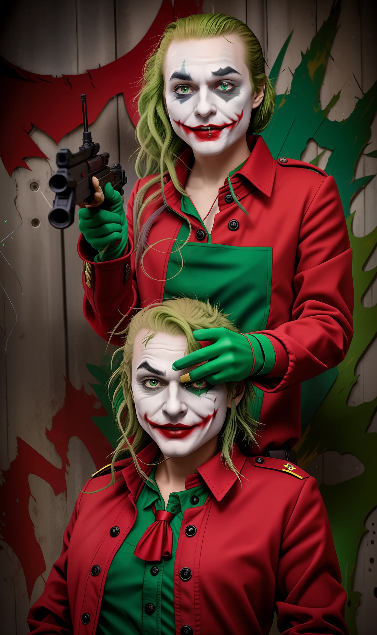 Joker with green hair and red clothing pointing a sinza rifle