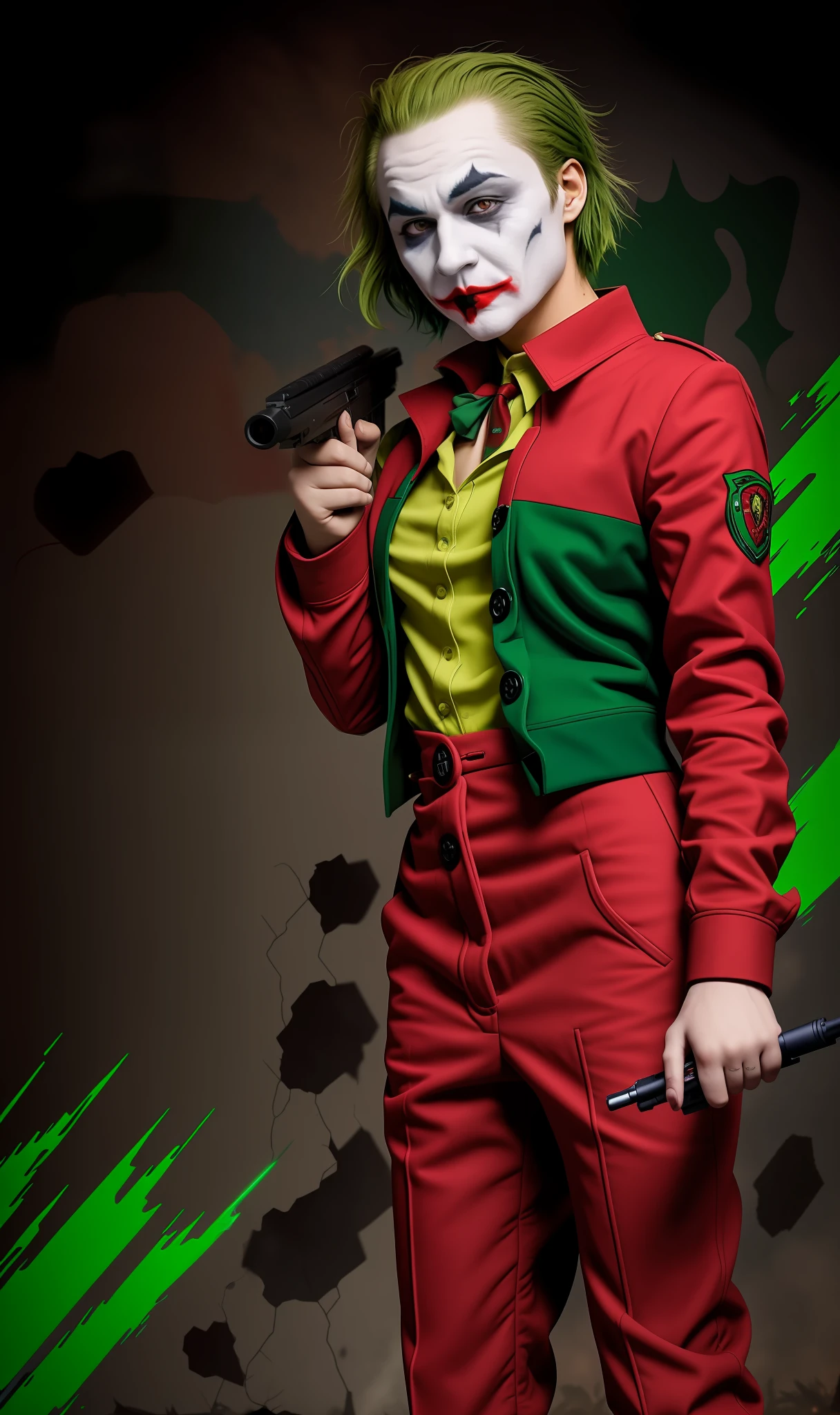 Joker with green hair and red clothing pointing a sinza rifle