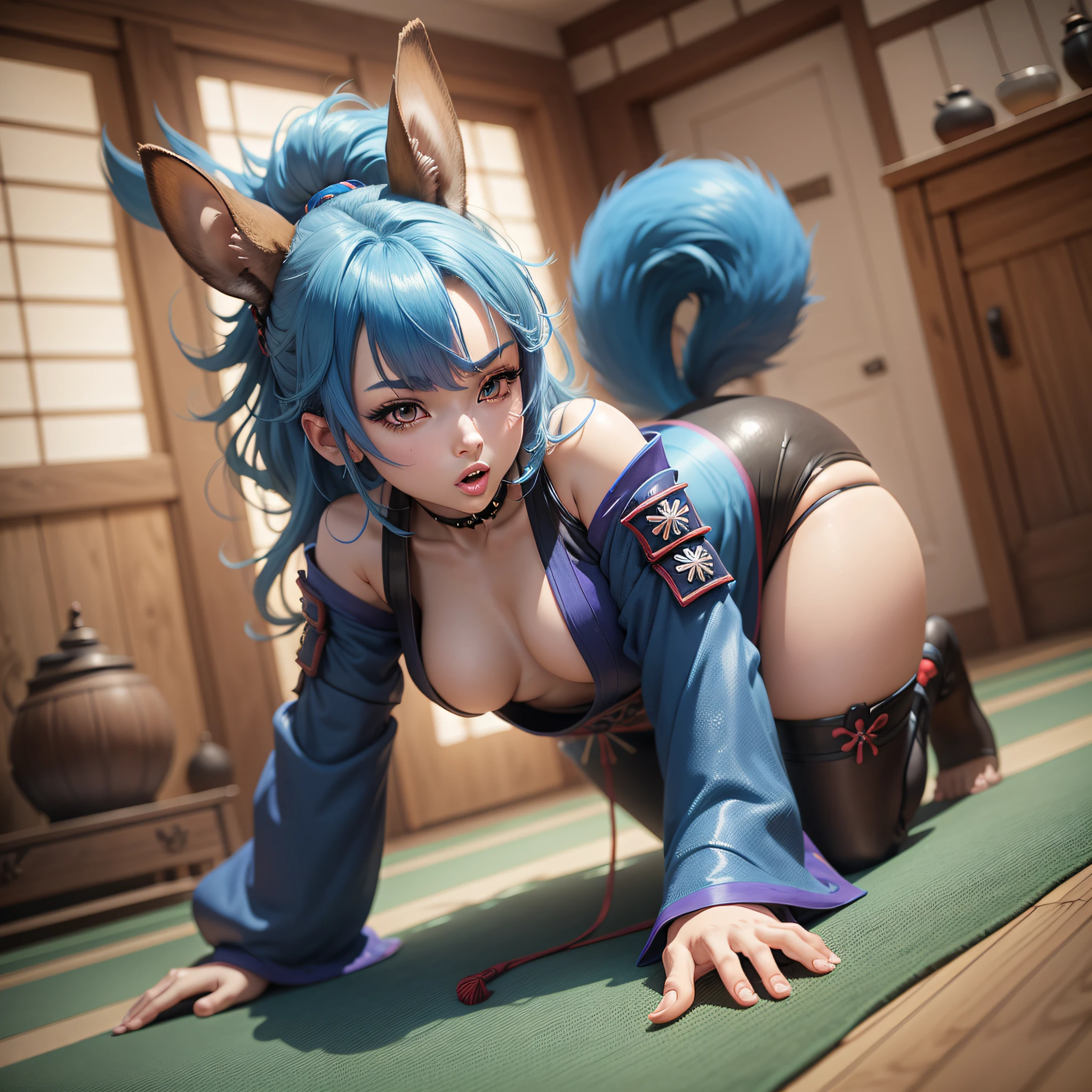 A woman on all fours, with small breasts and big ass, anime-style cartoon-style squirrel ears with blue hair and wearing samurai clothes, in a colorful room background, digital drawing, sexual expression