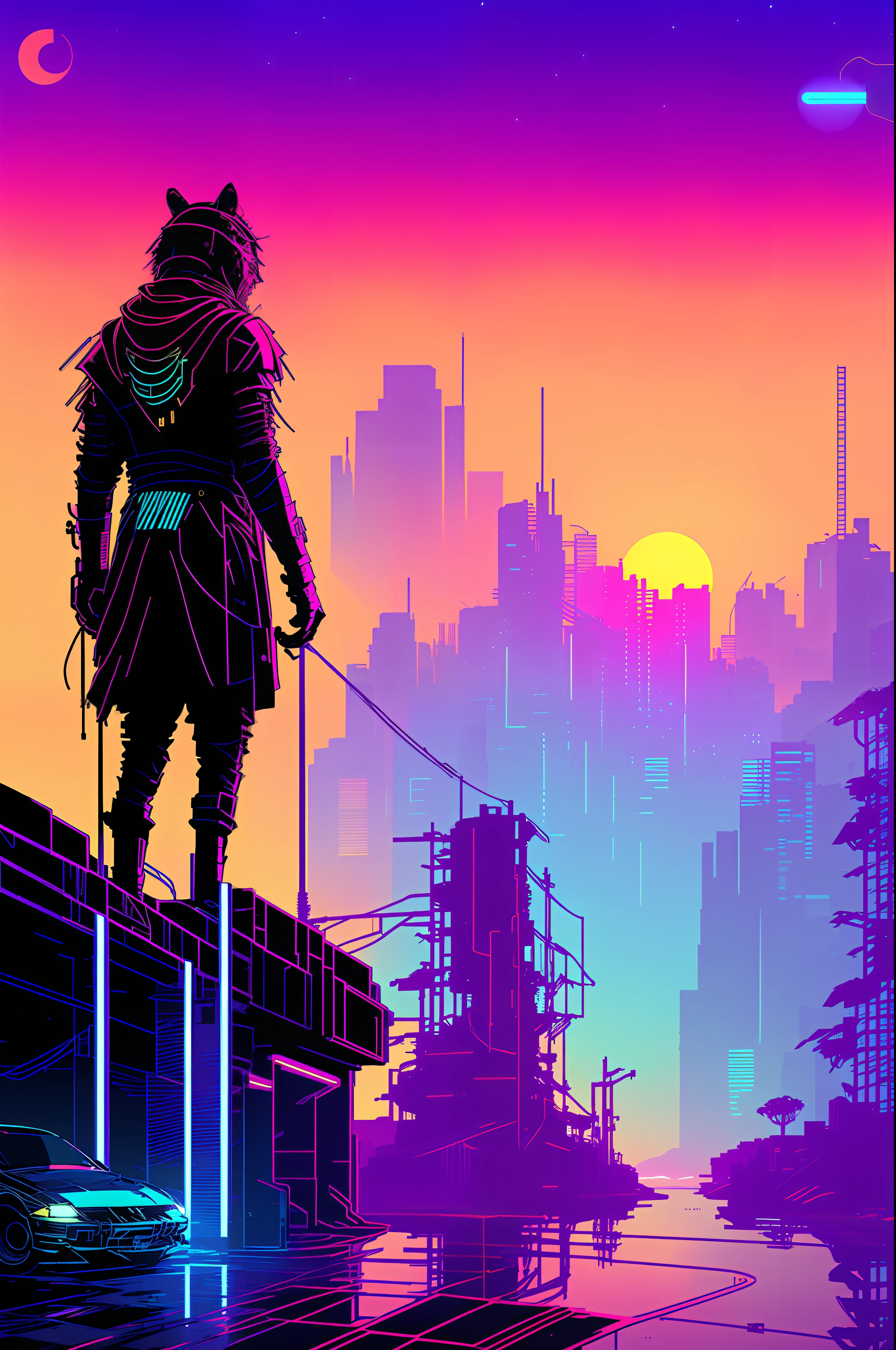 (nvinkpunk:1.2) (snthwve style:0.8) tiger, anthro, lightwave, sunset, intricate, highly detailed