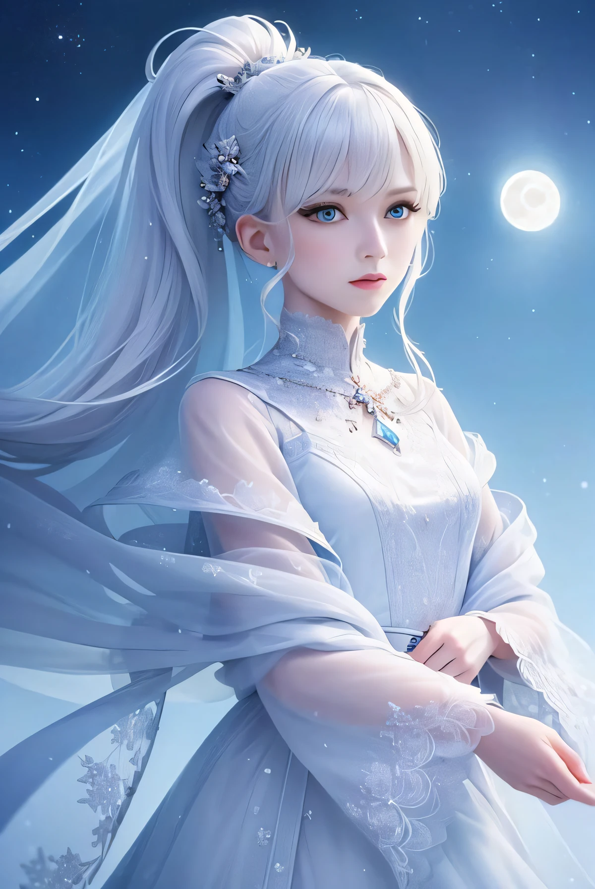 masterpiece, (best quality:1.2), (ultra-detailed:1.2), illustration, (an extremely delicate and beautiful:1.2),cinematic angle,floating, (beautiful detailed eyes:1.1), (detailed light:1.1),cinematic lighting, beautifully detailed sky, women, white hair, blue eyes, (high ponytail:1.1), cloak, glowing eyes, (moon:1.2), (moonlight:1.1), starry sky, (lighting particle:1.1), fog, snow painting, sketch, bloom