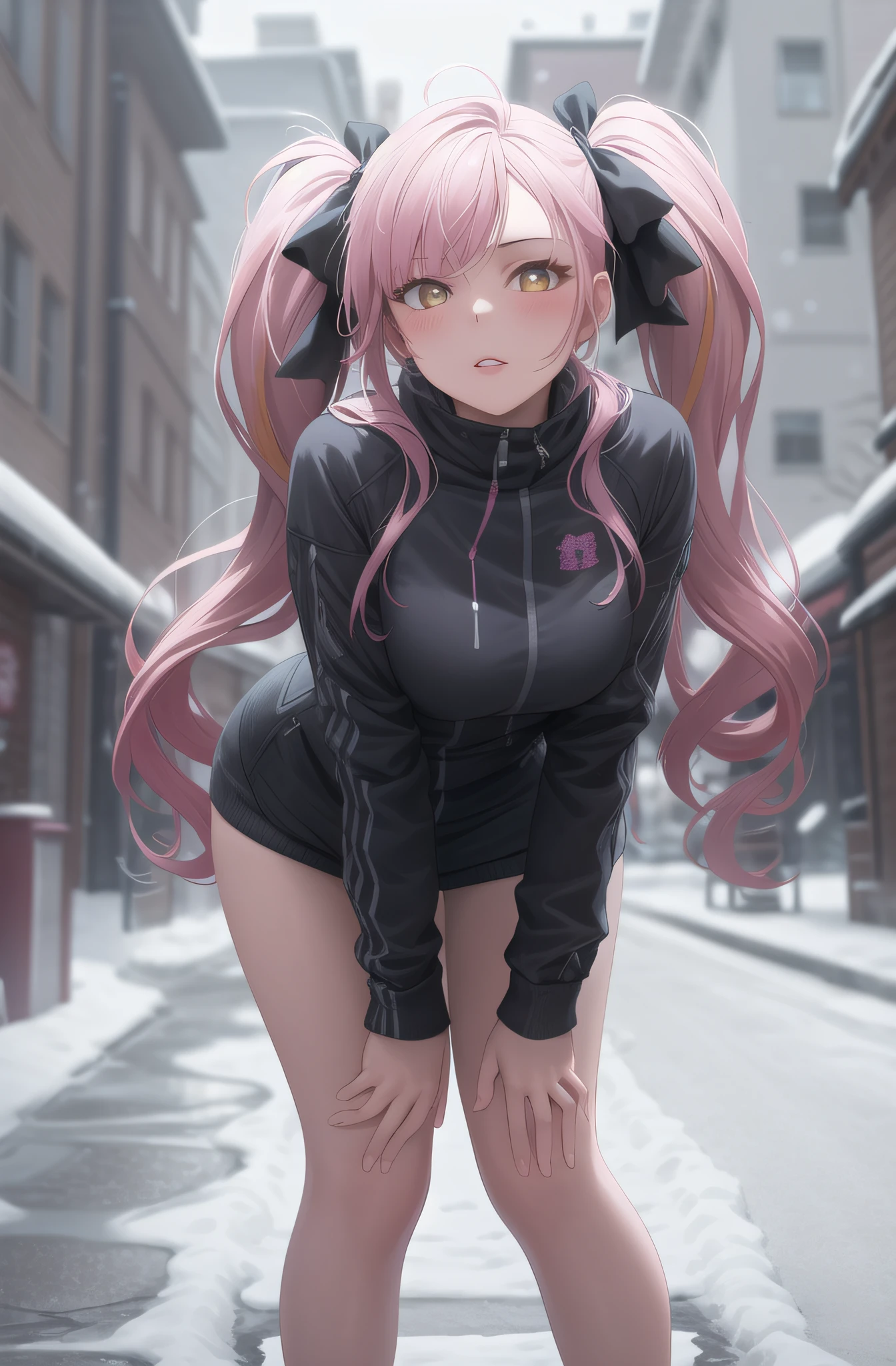 ((masterpiece)), (best quality), (detailed), 1girl,
looking at viewer,  (lipstick:0.75), leaning forward,
long pink hair, twintails,
colorful thighighs,
winter, vivid colors,