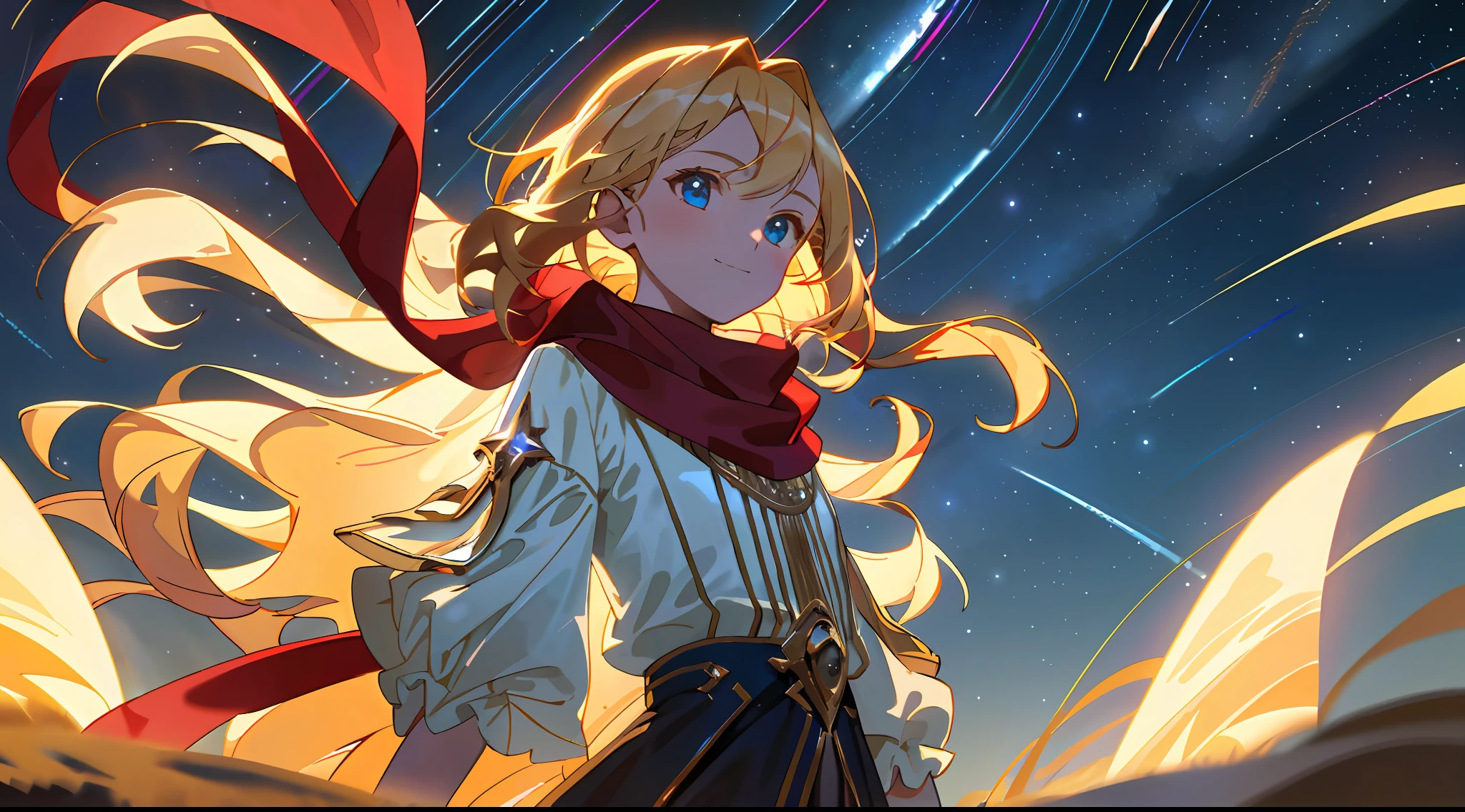 1girl, masterpiece, best quality, super detailed, cinematic light, intricate detail, high resolution, official art, exquisite beautiful face, high resolution illustration, 8k, intense dark shadow, overexposure, seen from below, medium blonde hair, hair fluttering in the wind, blue eyes, watery eyes, light smile, white shirt, red scarf, fluttering clothes, medium chest, night scene, sky detail, stars, detail stars, ((star trail)), beautiful detail halo, spotlight, high contrast, wide angle lens, Upper body, detailed background, dark sky, intricate details, desert, looking at the viewer, young girl, perfect circle