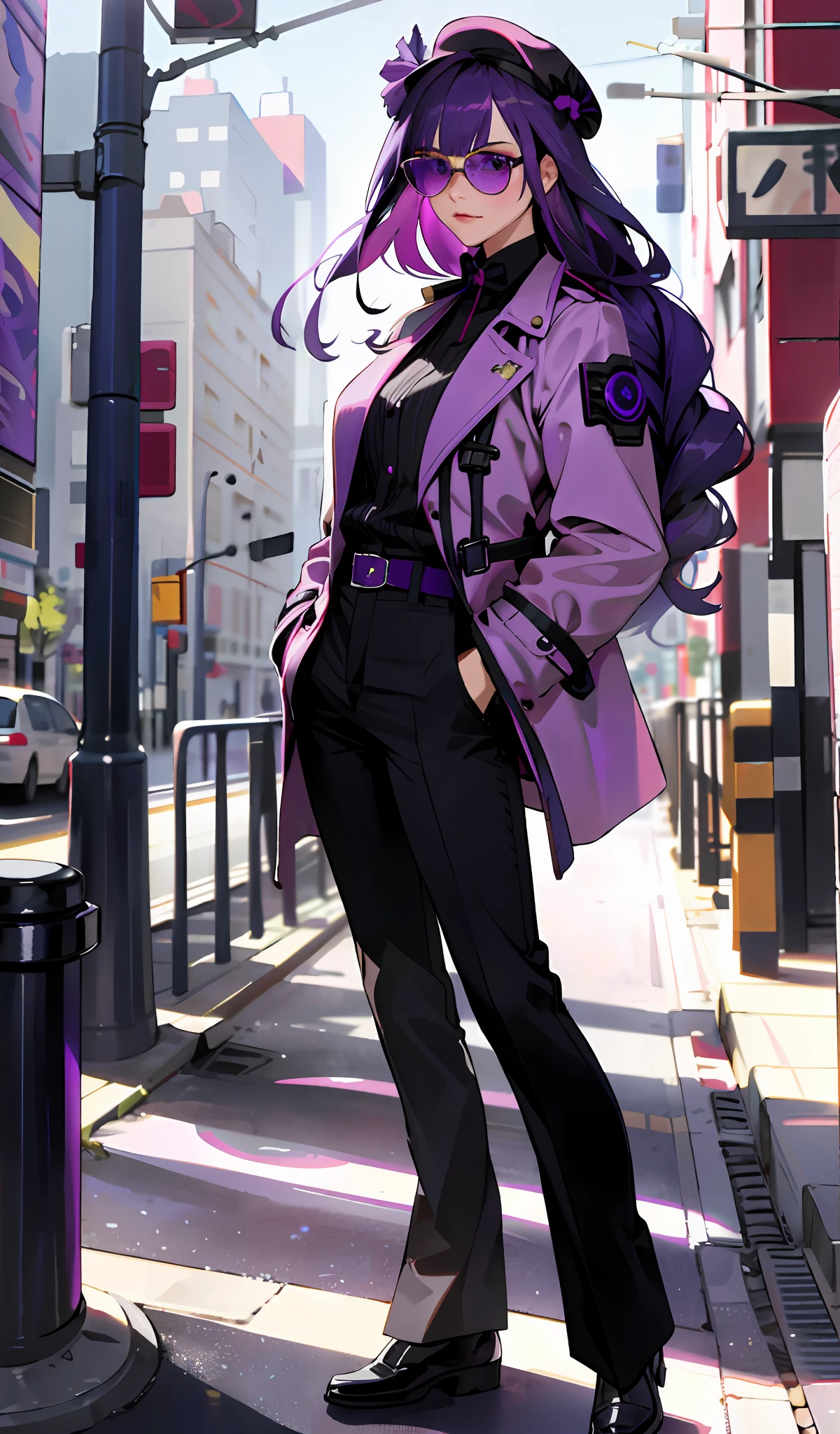 4k, realistic, high detailed, super eyes detailed, fashion clothes, pink trenchcoat, french beret, black pants with belt, long hair, in the city,  purple hair, purple eyes, RAIDEN SHOUGN , wearing trendy sunglasses, both hands in pockets