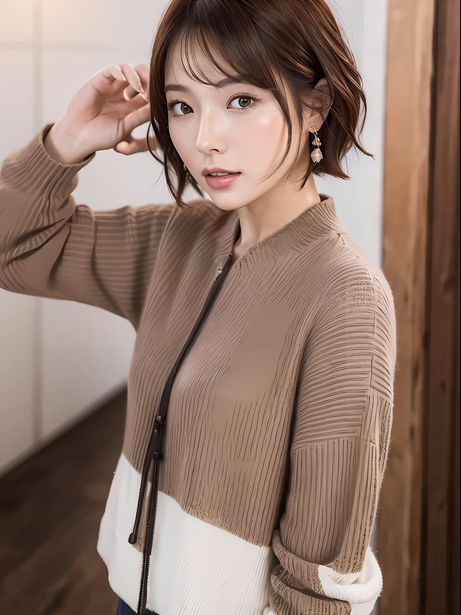 (Best Quality,8K,Photorealistic),30 years old,Japan,anchorwoman,beautiful white skin,dark brown short hair