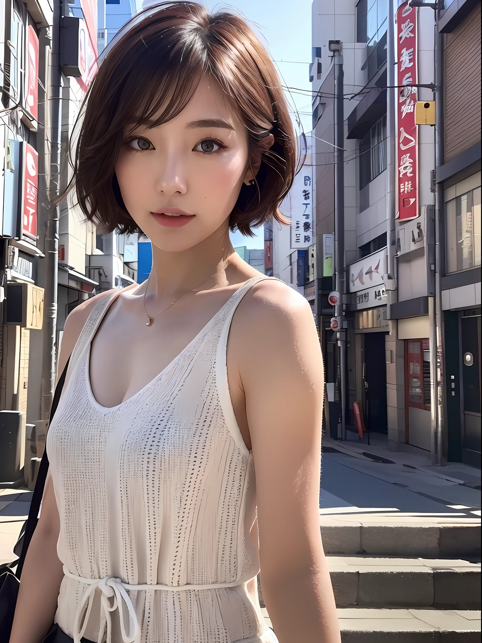 (Best Quality,8K,Photorealistic),30 years old,Japan,anchorwoman,beautiful white skin,dark brown short hair