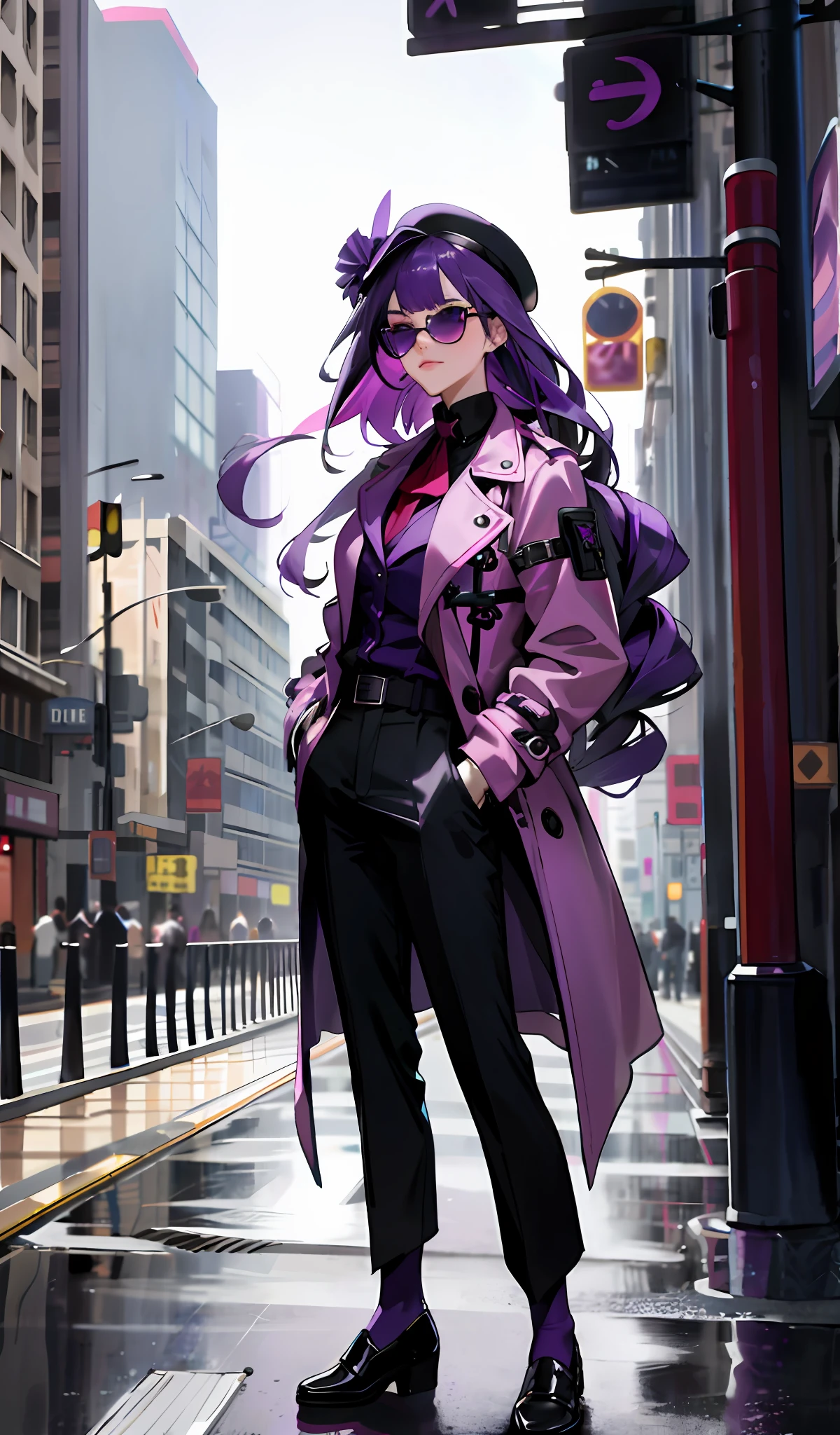 4k, realistic, high detailed, super eyes detailed, fashion clothes, pink trenchcoat, french beret, black pants with belt, long hair, in the city, purple hair, purple eyes, RAIDEN SHOUGN , wearing trendy sunglasses, both hands in pockets
