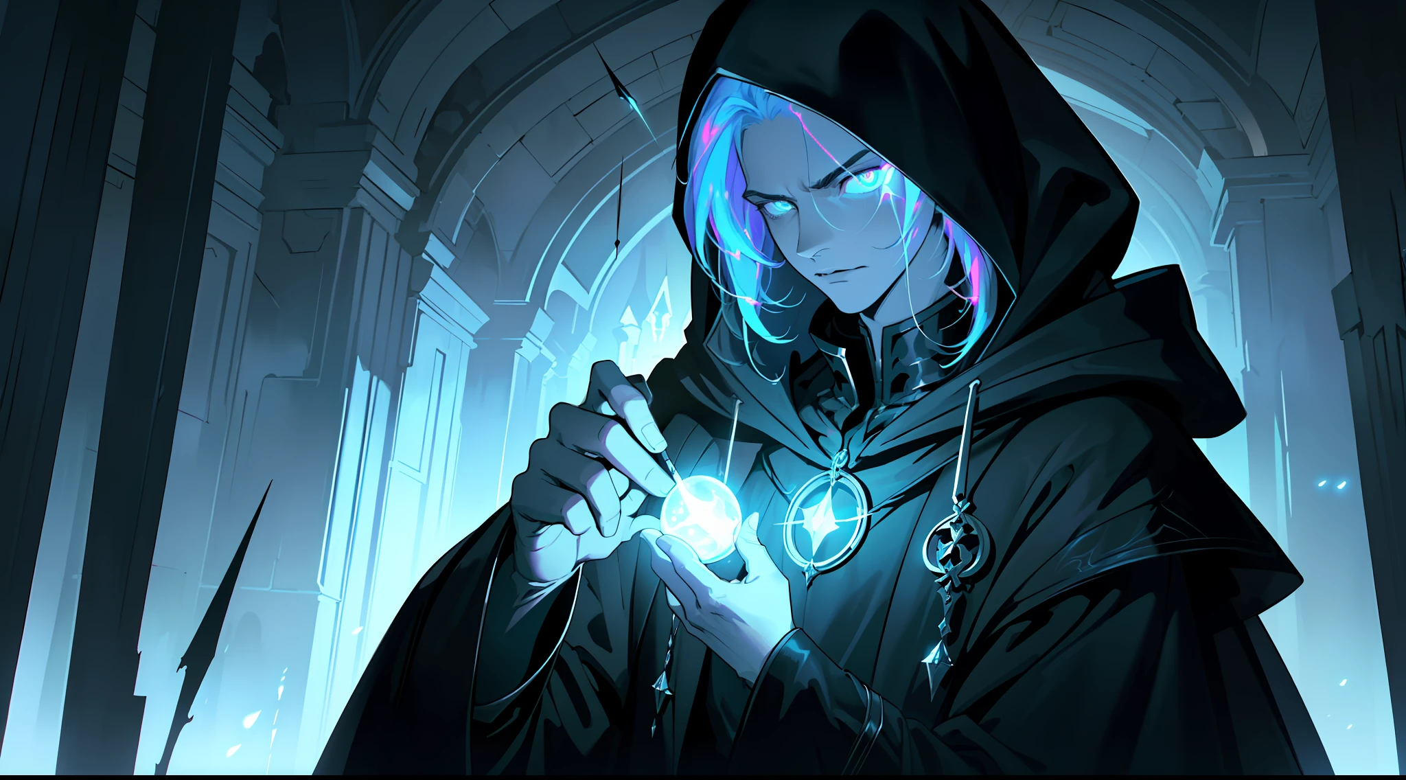 (Ultra detailed), (masterpiece), (best quality), (very detailed CG unit 8k wallpaper), a shadowy necromancer in his lair with a hood, (male), morbid appearance, black cloak, (((visible magical aura)), (((upper body))), dim light around the head, soft light, concept art, dimly lit, forbidden magic accessories, cinematic, highly detailed, stylized wallpaper