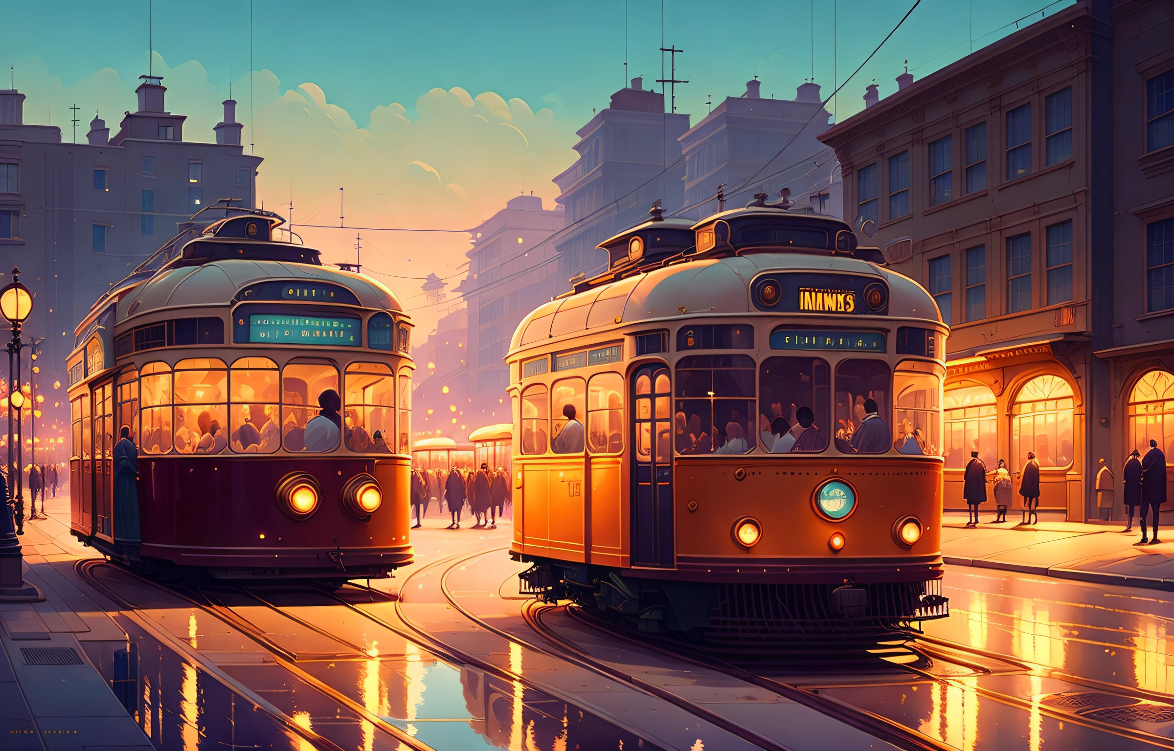 A city in the 1950s, main streets, trams, greg rutkowski, makoto shinkai and lois van baarle, ilya kuvshinov, rossdraws, tom bagshaw, alphonse mucha, global illumination, detailed and intricate environment, oil painting, heavy strokes, paint dripping