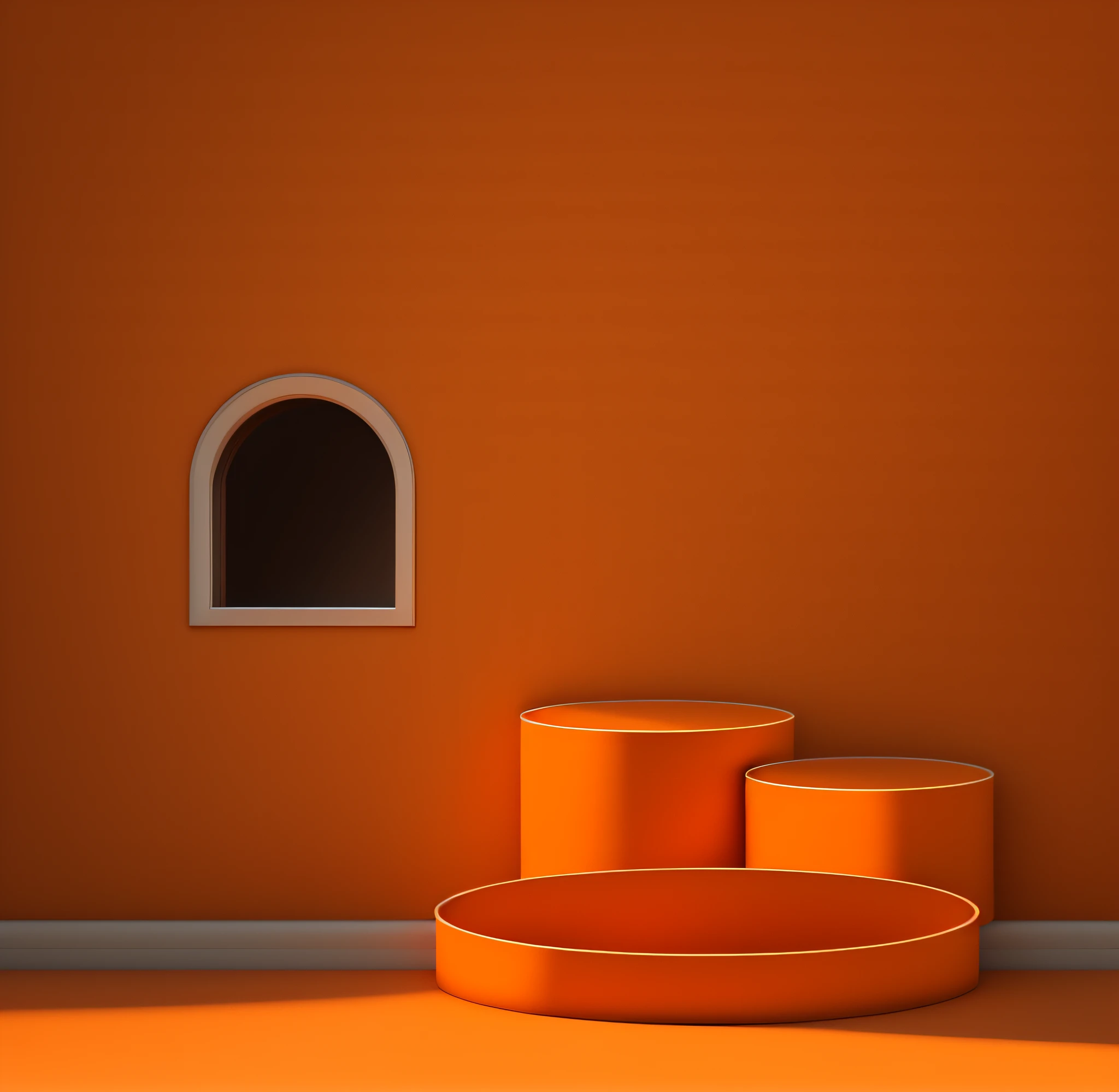 Multiple columns against the background of an orange wall have a window