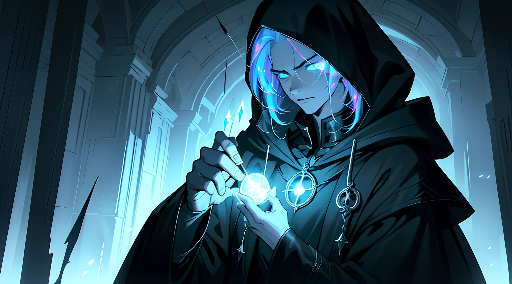 (Ultra detailed), (masterpiece), (best quality), (very detailed CG unit 8k wallpaper), a shadowy necromancer in his lair with a hood, (male), morbid appearance, black cloak, (((visible magical aura)), (((upper body))), dim light around the head, soft light, concept art, dimly lit, forbidden magic accessories, cinematic, highly detailed, stylized wallpaper