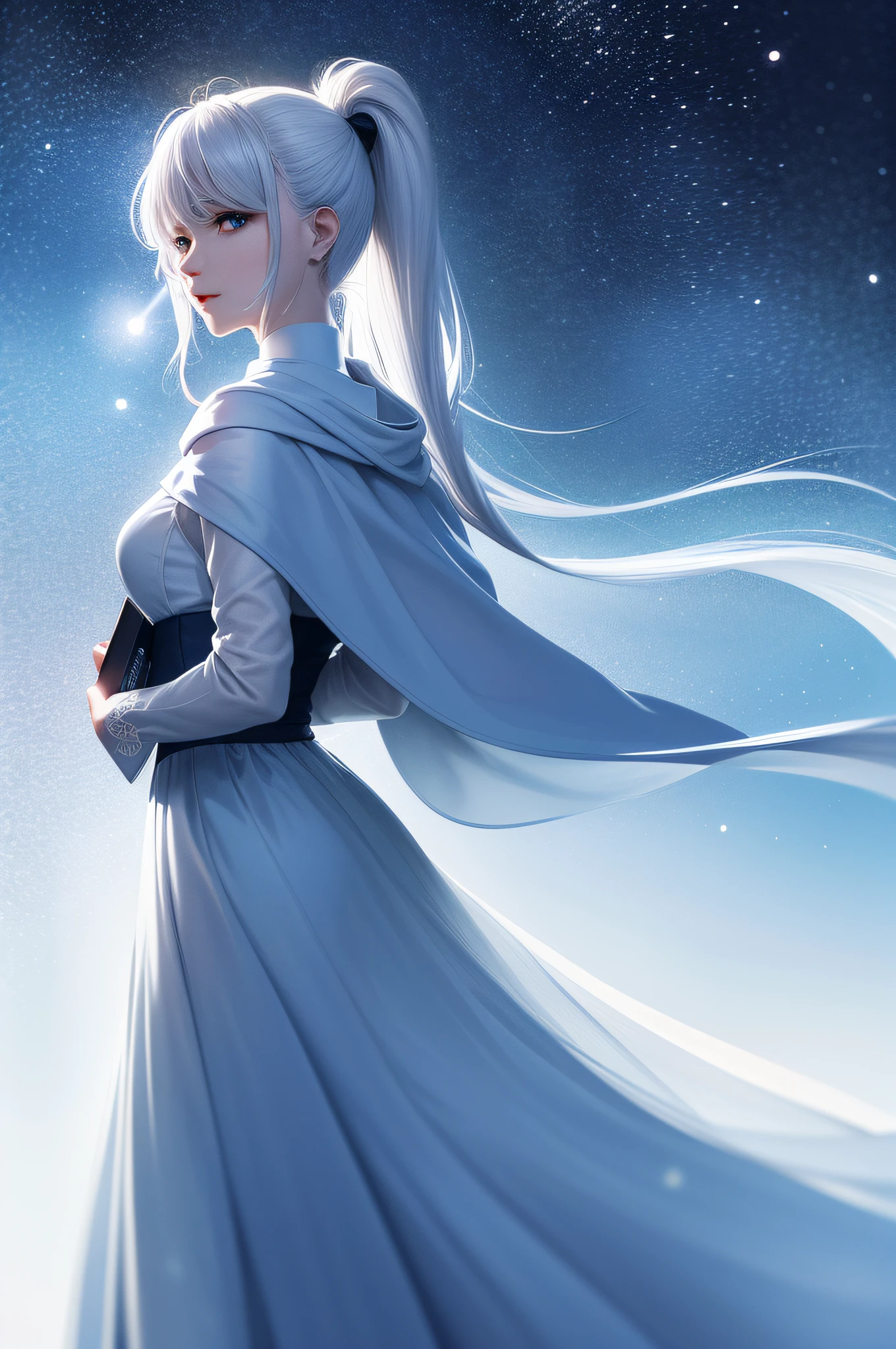 Masterpiece, (Best Quality: 1.2), (Super Fine: 1.2), Illustration, (Extremely Delicate and Beautiful: 1.2), Film Angle, Floating, (Beautiful Detail Eye: 1.1), (Detail Light: 1.1), Film Lights, Delicate Sky, Woman, White Hair, Blue Eyes, (High Ponytail: 1.1), Cloak, Glowing Eyes, (Moon: 1.2), (Moonlight: 1.1), Starry Sky, (Light Particles: 1.1), Fog , snow painting, sketching, blooming