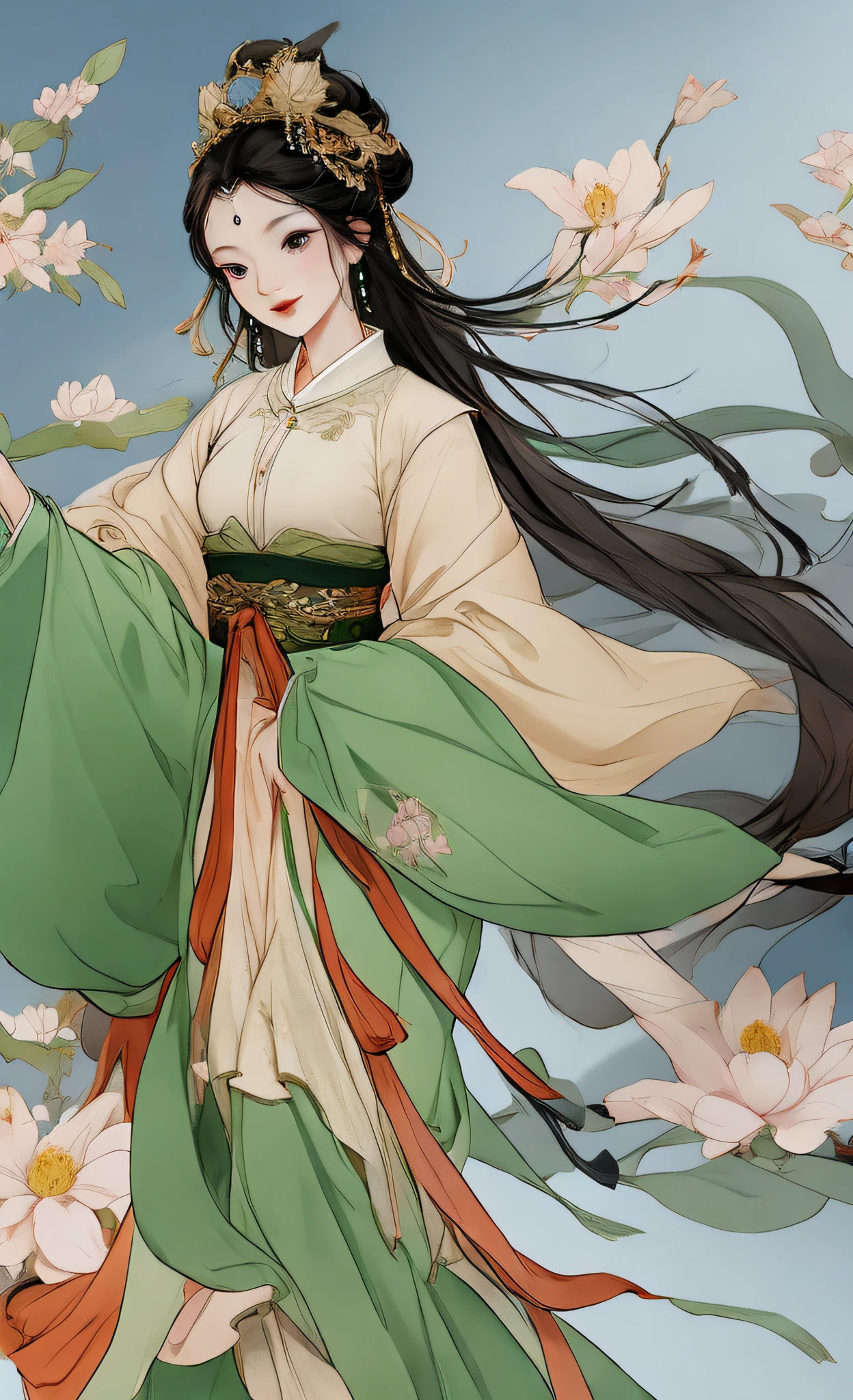 The girl contains spring, her skin is like snow, she is still like Xizi, ancient Chinese green shirt, under the peach blossom tree, the composition is exquisite, enough to become a masterpiece. This painting is undoubtedly super detailed, ultra-high-definition, high-quality gongbi art that can become an 8K wallpaper. Extremely detailed details that make the whole painting so real, so moving, Gouvitz style artwork, Guwiz, beautiful character paintings, Guwiz on ArtStation Pixiv, Guwiz on Pixiv Art Station, stunning anime face portraits, beautiful digital artwork, WLOP Rossdraws, detailed digital anime art, Guwiz masterpieces