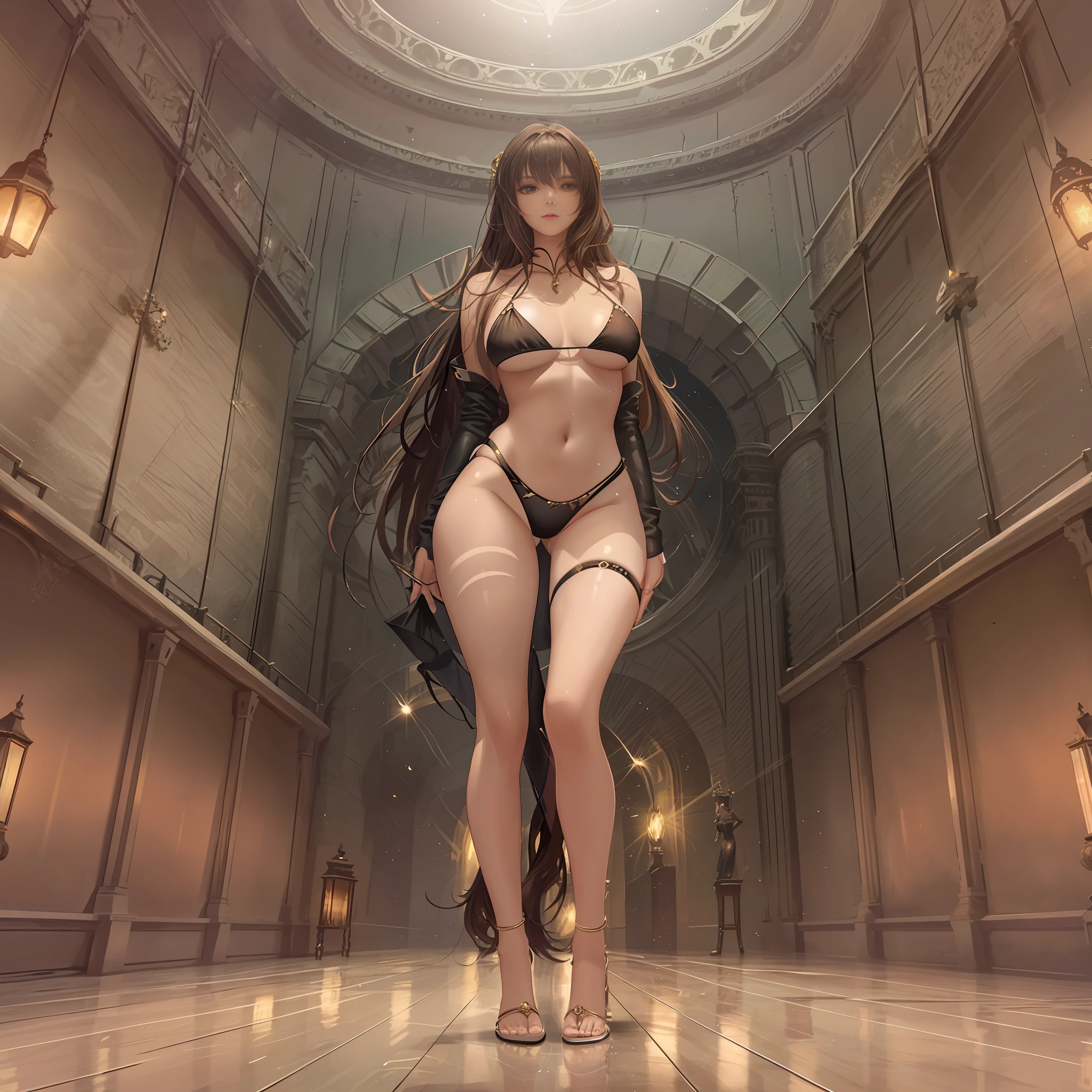 A sexy female model standing in an unreal space, 4k, silk bikini, thong crystal heels, delicate skin, long legs, tall figure, movie lights, full body