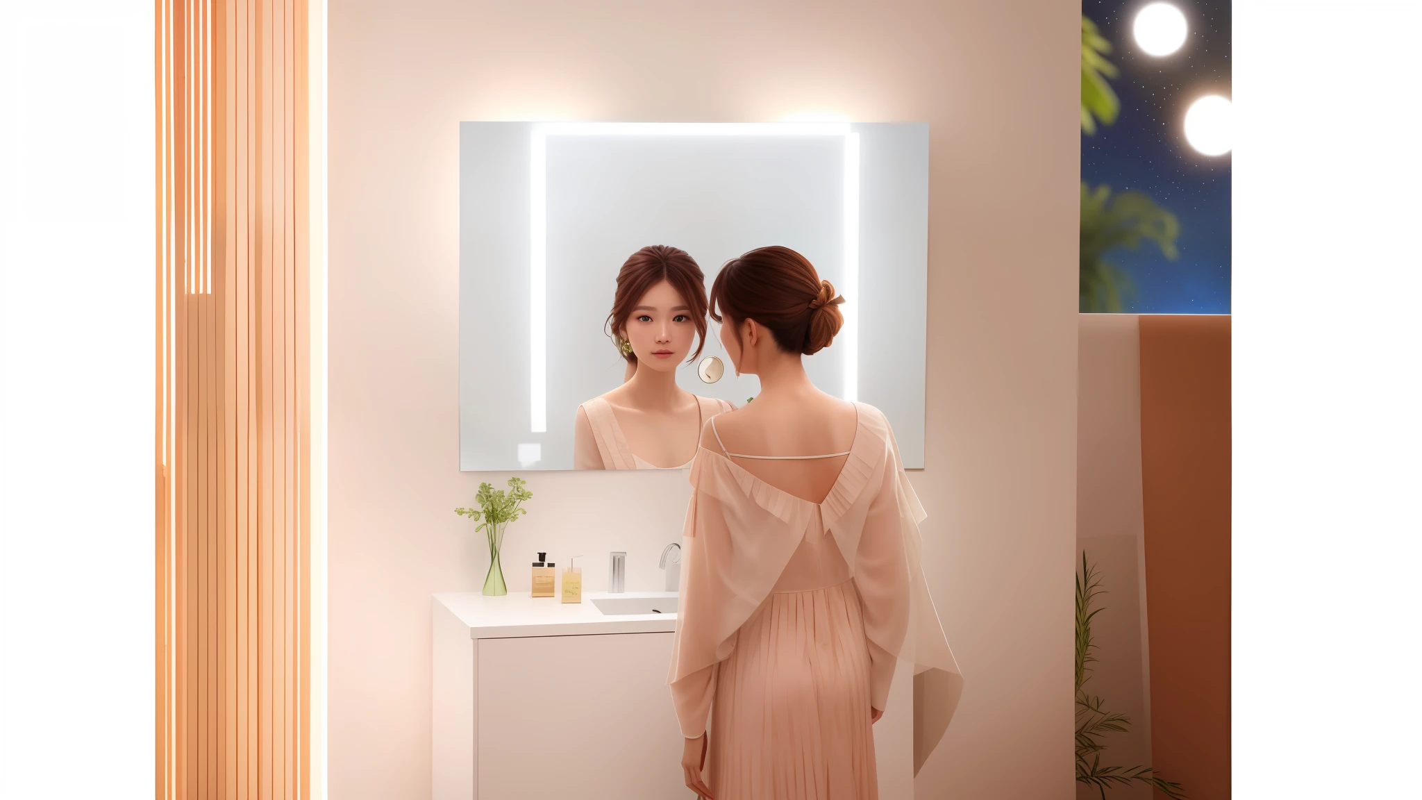 There is a long-haired woman standing in front of the mirror looking at her reflection, product introduction photo, with backlight, with mirror, EORA, jia, product photo, sand stream, morning lighting, product introduction photo, vanara, shoot photo, advertising photo, stylish design, most popular, LED, velvia, high quality photo, delicate face, beautiful appearance