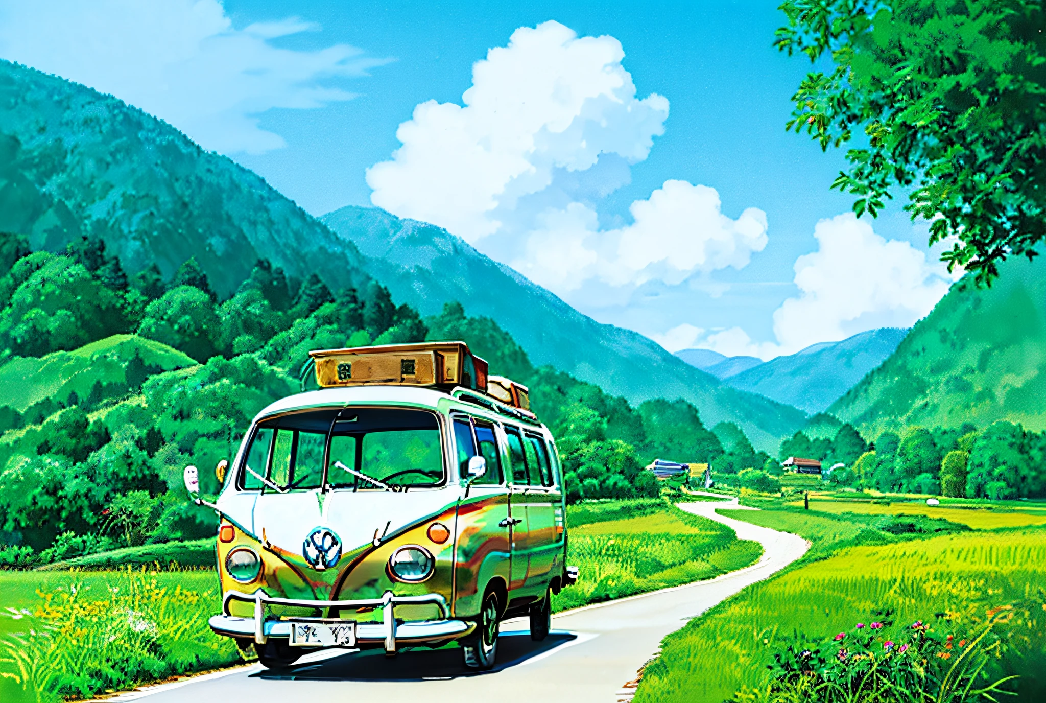 (((best quality)))), Realistic, authentic, beautiful and amazing landscape with a Volkswagen Kombi on the road oil painting Studio Ghibli Hayao Miyazaki pasture petals with blue sky and white clouds --v6