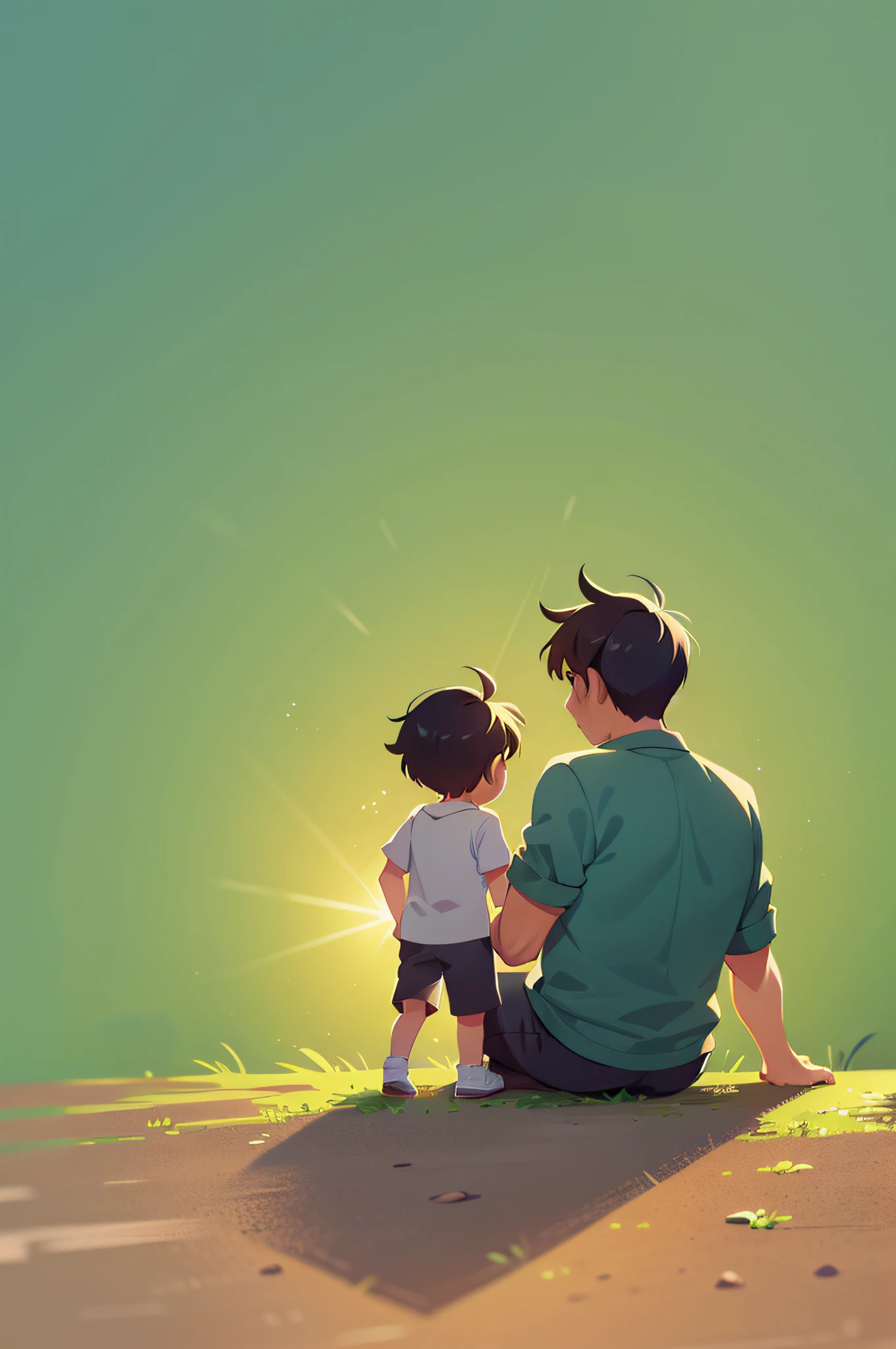 Father and child, back, illustration, on a sunny day, digital cartoon drawing art, minimalist