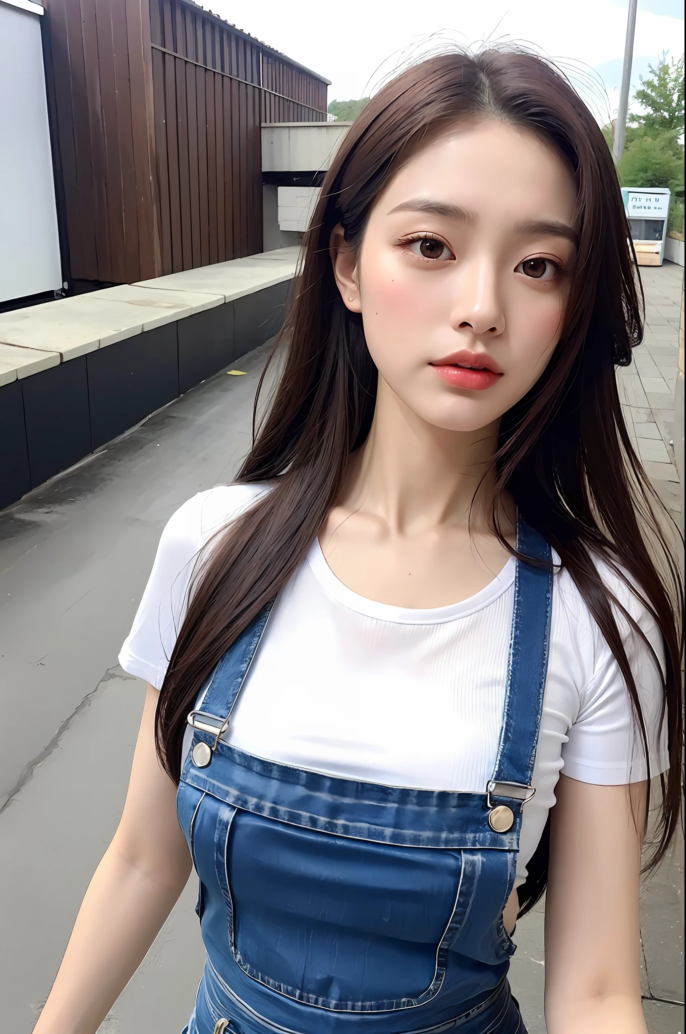 ((Midnight, Best Quality, 8K, Masterpiece: 1.3)), Upper body, B-cup breasts, Clear focus: 1.2, Pretty woman with perfect body: 1.4, Slender abs: 1.1, ((dark brown hair)), (White tight T-shirt, jean bib, standing: 1.2), ((Rooftop: 1.3)), Very detailed face and skin texture, delicate eyes, double eyelids