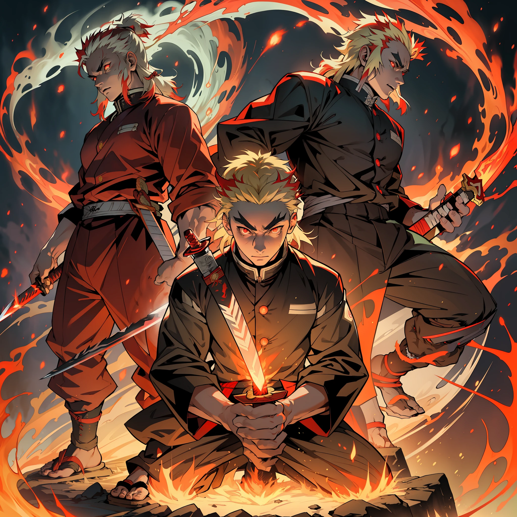 (extremely realistic, high definition character design), Rengoku Kyojuro standing in Sage Of Six Path Mode(Naruto), majestic and powerful,(red glowing eyes:1.2),(glowing sword:1.3), flames engulfing his body, dynamic pose, standing on a burning battlefield, intense light and shadow contrast, high saturation colors, vivid and impactful.