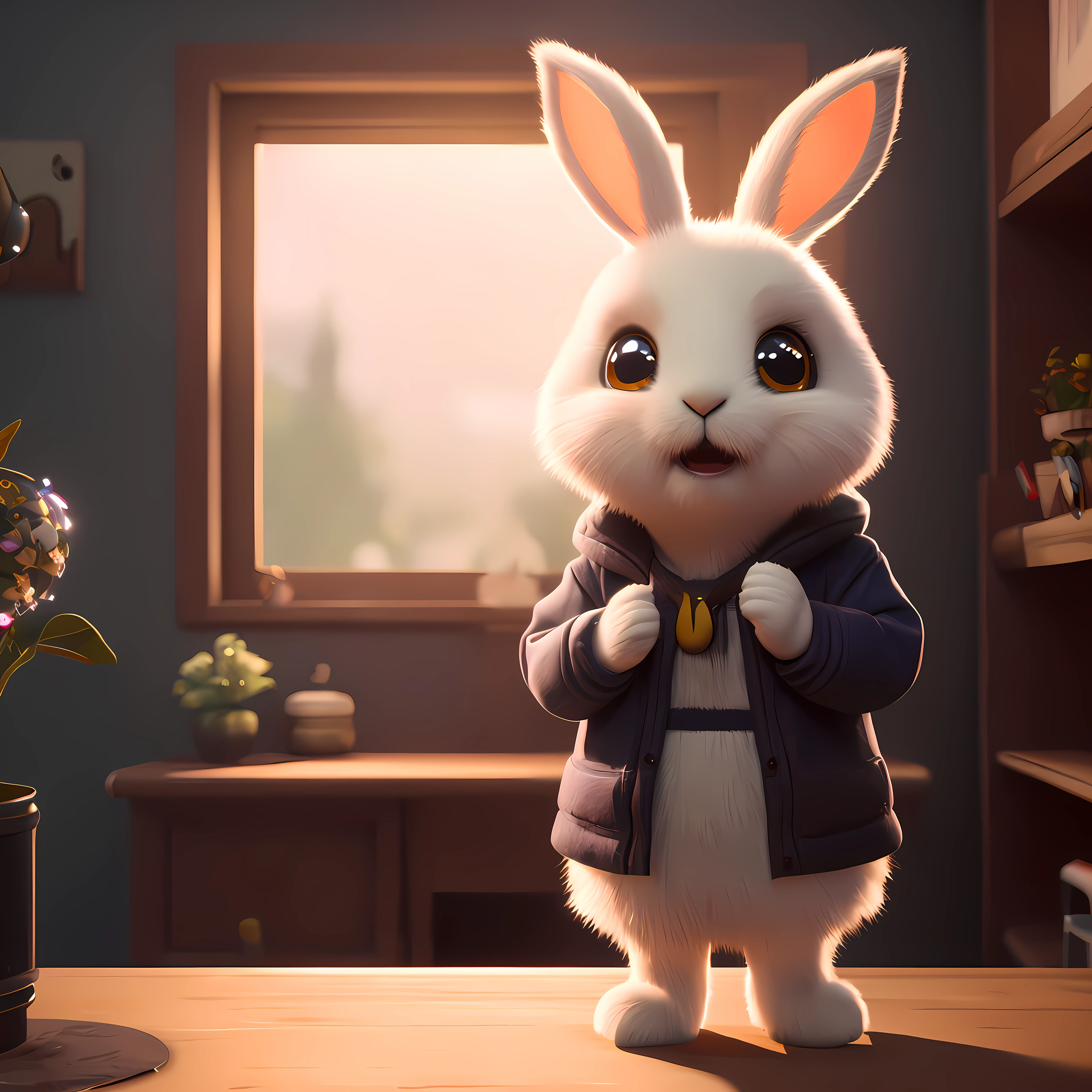 Cute adorable little bunny waving and smiling greeting me, unreal engine, cozy interior lighting, art station, detailed digital painting, cinematic, character design by mark ryden and pixar and hayao miyazaki, unreal 5, daz, hyper realistic, octane render, 3DMDT1