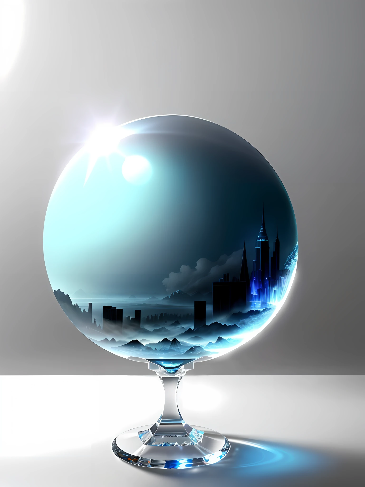 Fog, Artistic, Fantastic, Hyper-Realism, 16K High Resolution, Unreal Engine, Soft Light, (Blue Earth Trapped in Crystal Sphere: 1.4), (Max Sharp Focus: 1.4), (Crystal Sphere with Pedestal on Urban Table: 1.3), Backlight ,
