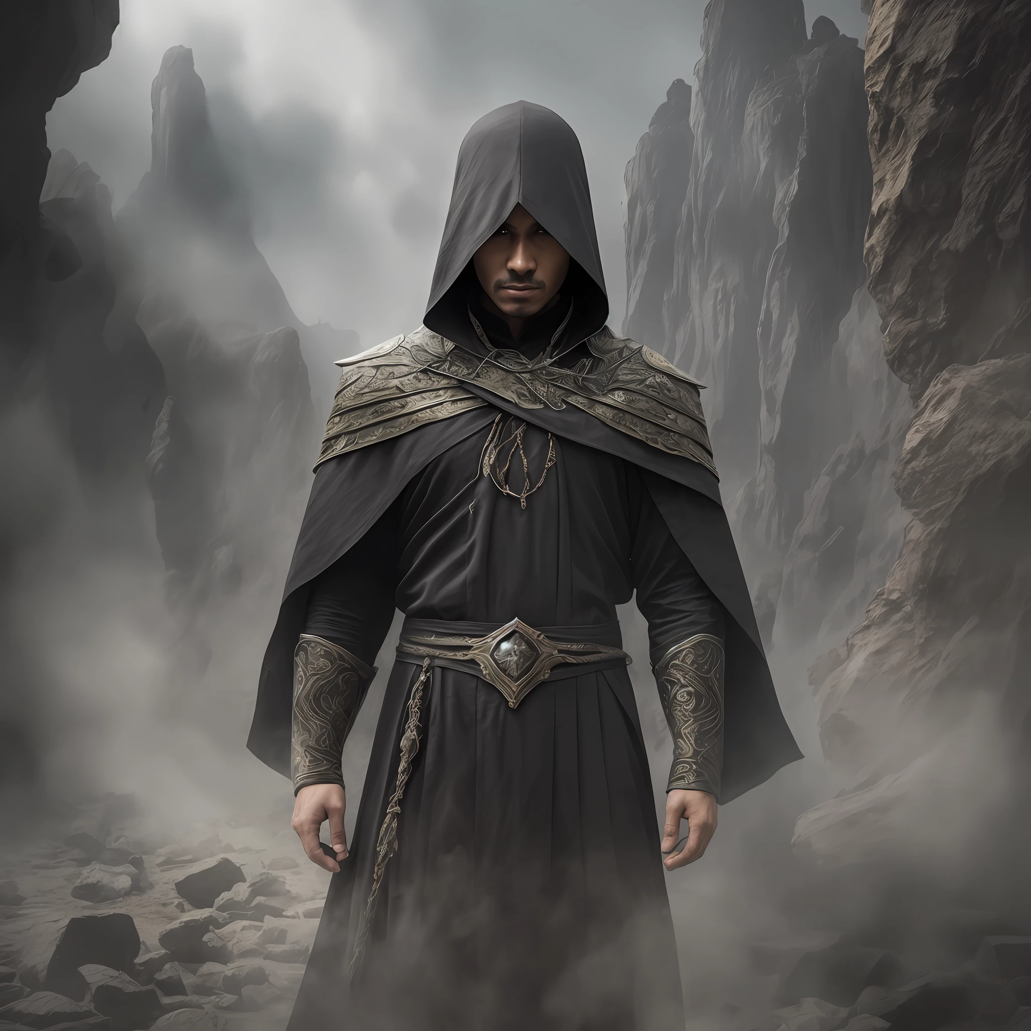 a man, sorcerer, black costume, mysterious, hiding his face, staring straight ahead, background with mist, cinematic, 8k, Canon camera --auto --s2