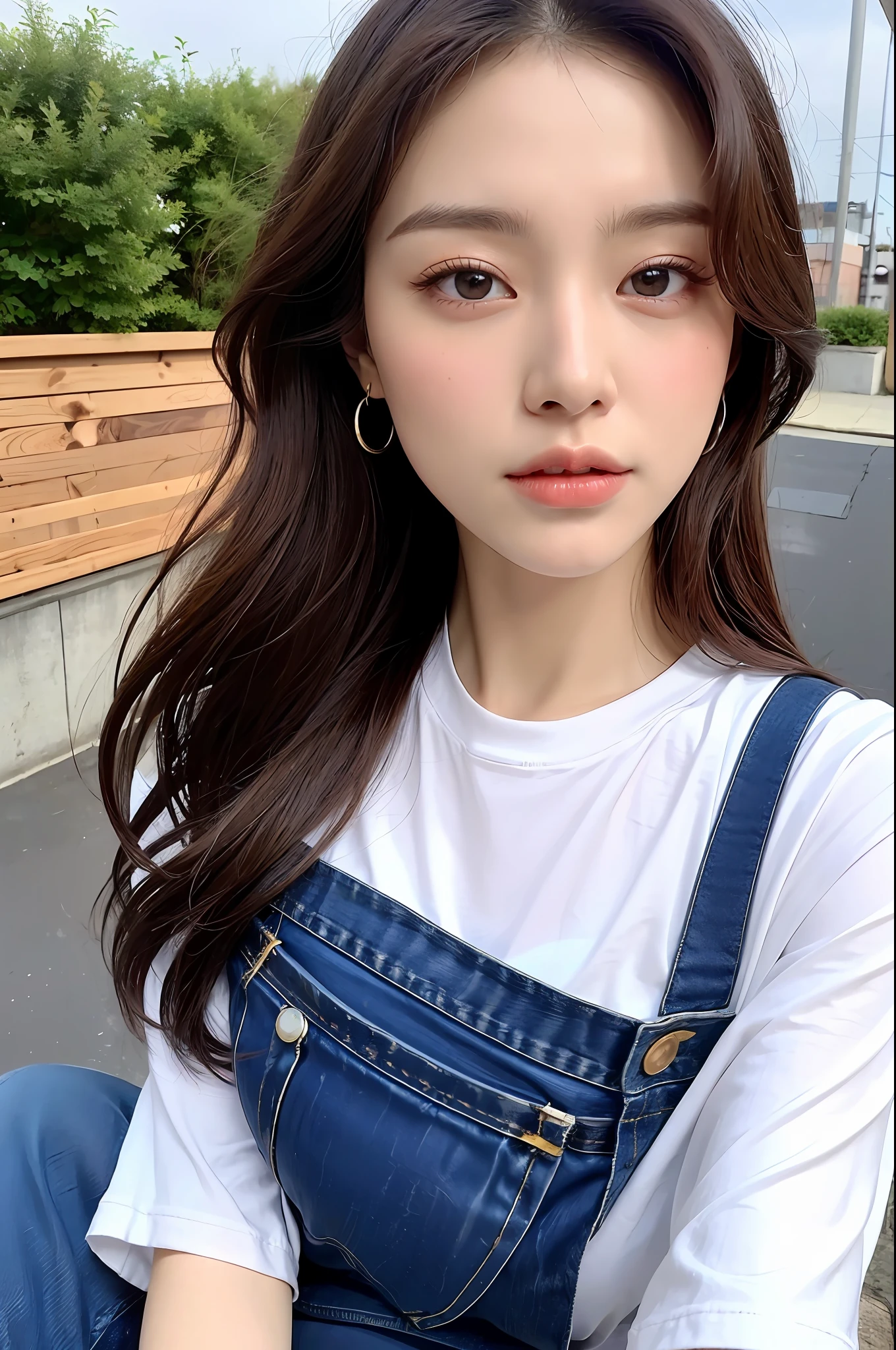 ((Midnight, Best Quality, 8K, Masterpiece: 1.3)), Upper body, B-cup breasts, Clear focus: 1.2, Pretty woman with perfect body: 1.4, Slender abs: 1.1, ((dark brown hair)), (White tight T-shirt, jean bib, standing: 1.2), ((Rooftop: 1.3)), Very detailed face and skin texture, delicate eyes, double eyelids