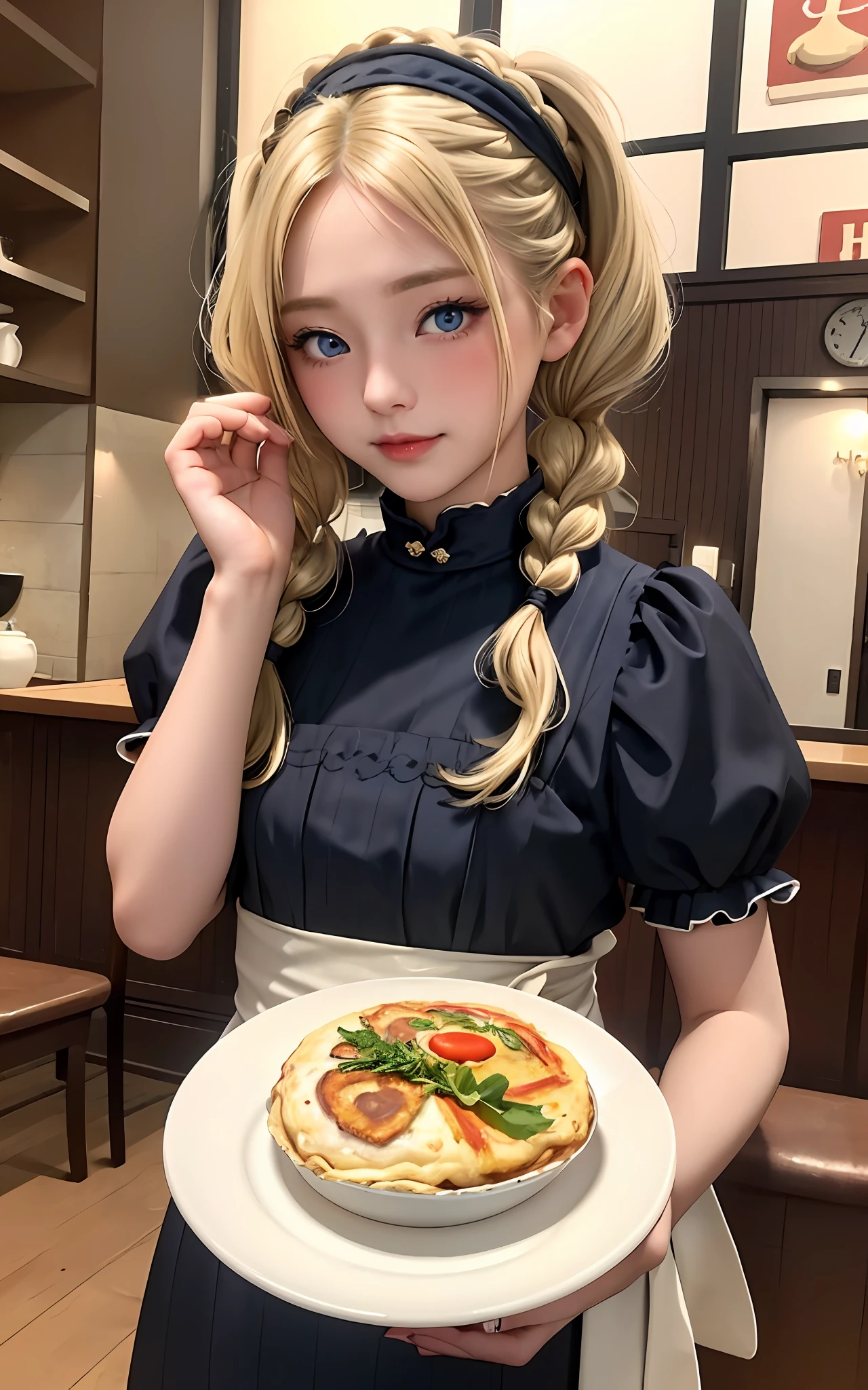 (Beautiful blonde, dark blue and beautiful eyes, small, 18 years old, thin waist, pigtails, thick braid, happy), omelet rice, heart shape with ketchup on omelet rice, model pose, background inside café, gothic café clerk, snap, (masterpiece), ((highest quality)), (super detailed), girl, clean and detailed face, five fingers, textile shading, perfect human structure, perfect anatomy,