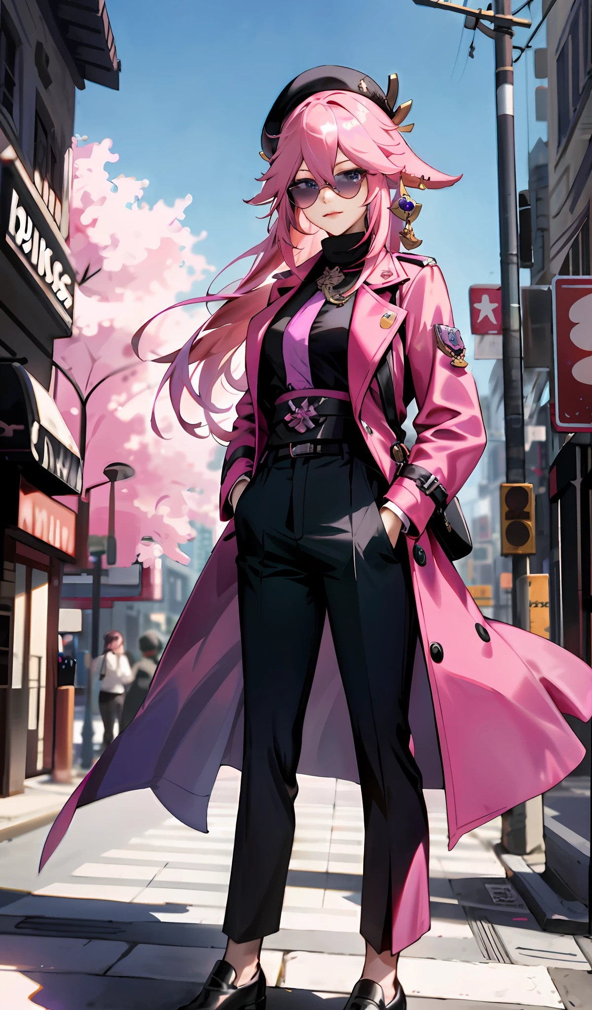 4k, realistic, high detailed, super eyes detailed, fashion clothes, pink trenchcoat, french beret, black pants with belt, long hair, in the city,  pink hair, purple eyes, yae miko, wearing trendy sunglasses, two hands in pockets