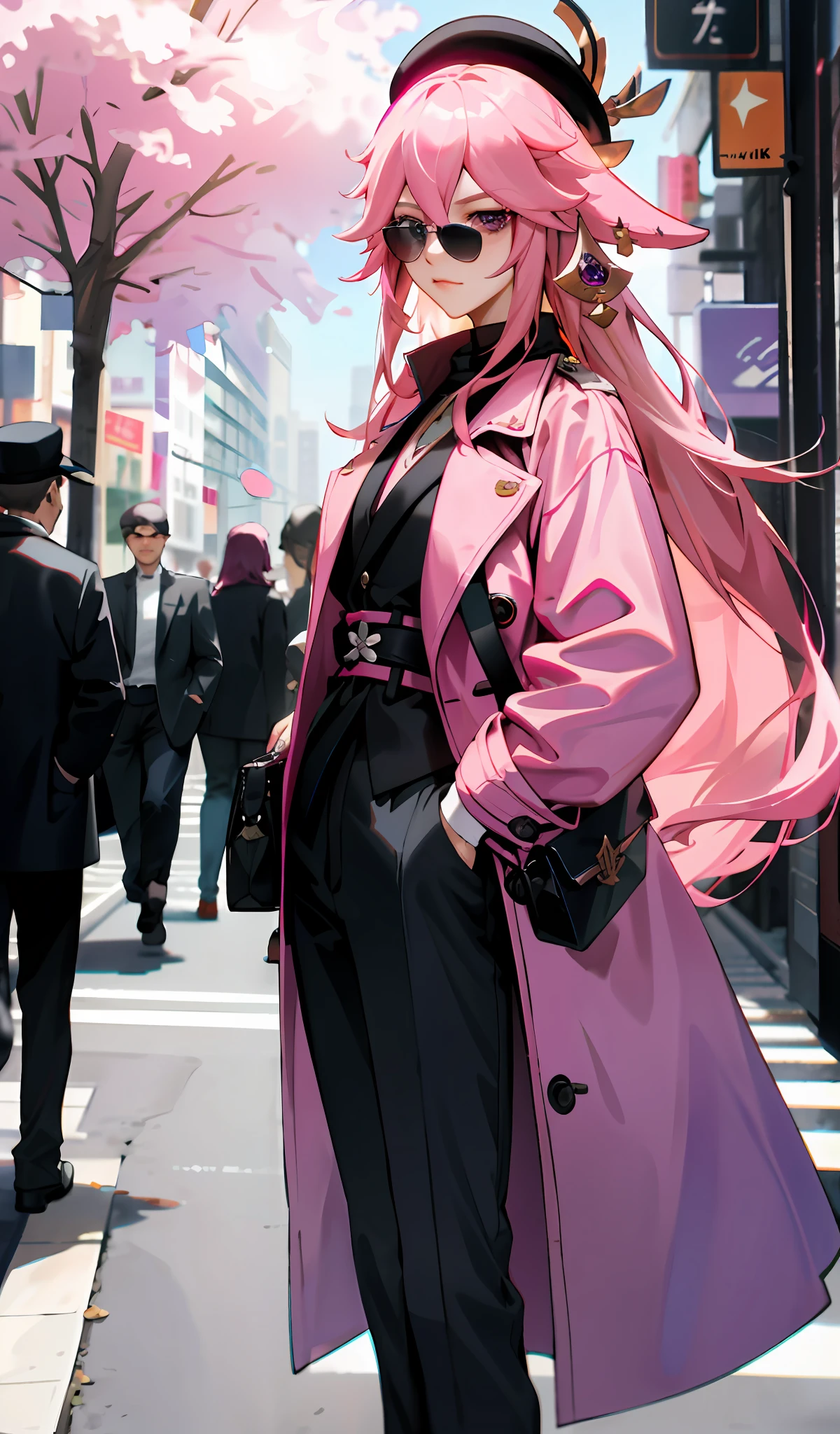 4k, realistic, high detailed, super eyes detailed, fashion clothes, pink trenchcoat, french beret, black pants with belt, long hair, in the city, pink hair, purple eyes, yae miko, wearing trendy sunglasses, two hands in pockets