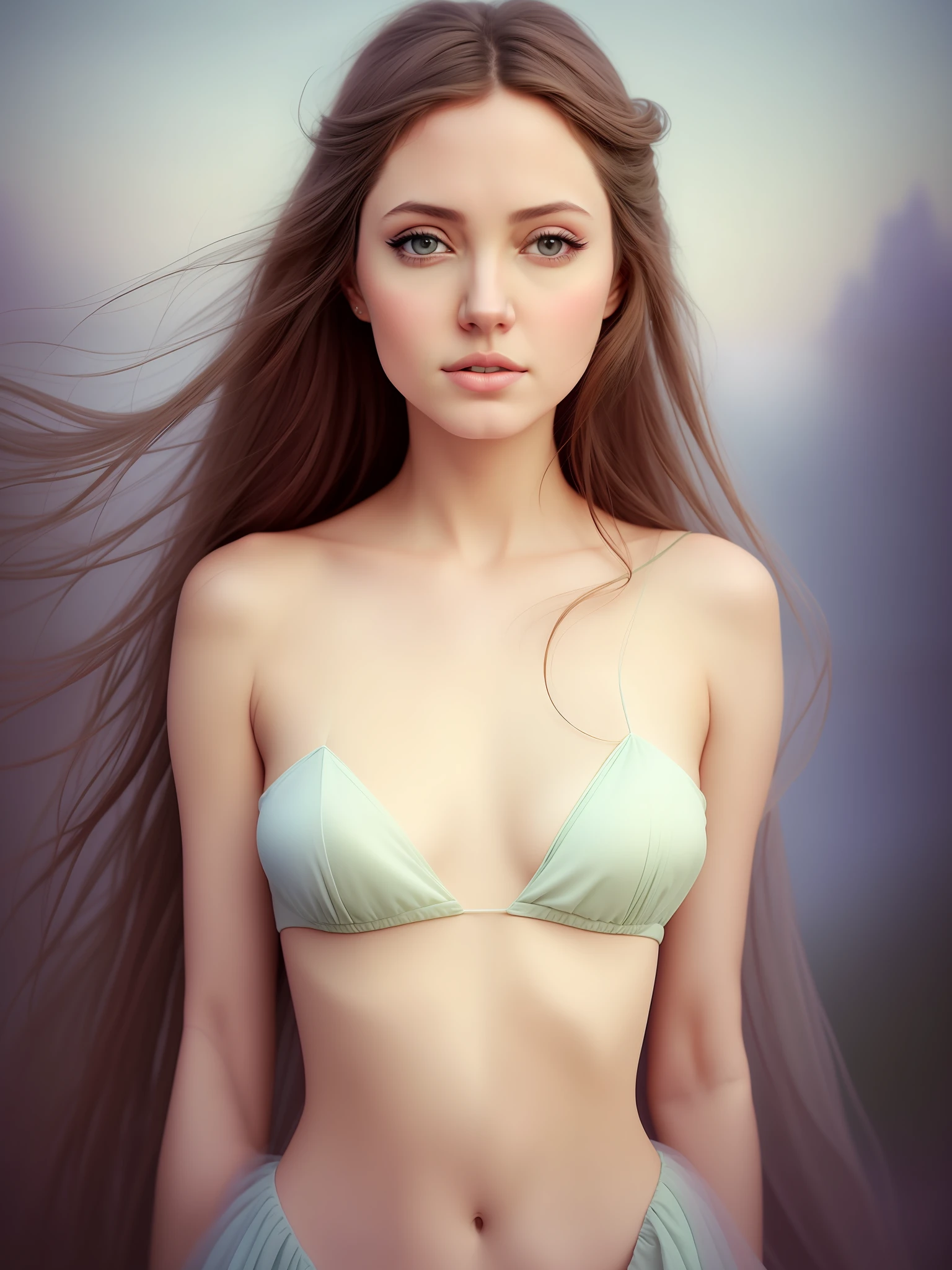 Dreamy and ethereal depictions of master photographic works, UHD, portraits of people, [Angelina Jolie: Ana de Armas: 0.6], pastel colors, hazy backgrounds, surreal dreams, fantasy stories, impressionist art, fairy tale illustrations, chest shots, low-angle views