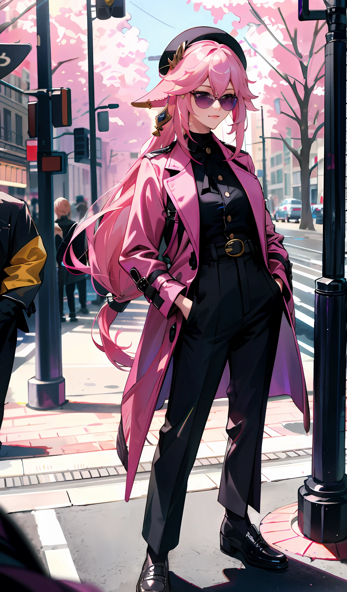 4k, realistic, high detailed, super eyes detailed, fashion clothes, pink trenchcoat, french beret, black pants with belt, long hair, in the city, pink hair, purple eyes, yae miko, wearing trendy sunglasses, two hands in pockets