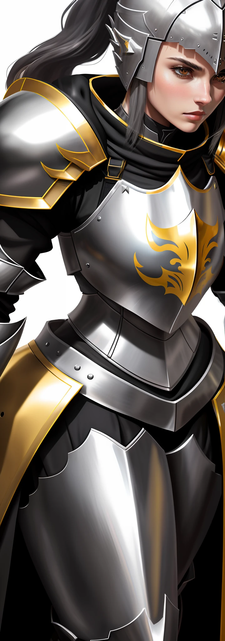arafed woman in armor posing for a picture in a white background, glossy black armor, female knight, shiny black and gold heavy armor, girl in knight armor, female paladin, shining plate armor, paladin armor, heavy black and golden armor, dressed in light armor, epic paladin armor, with sleek black armor, female armor, shiny black plastic armor with gold trim