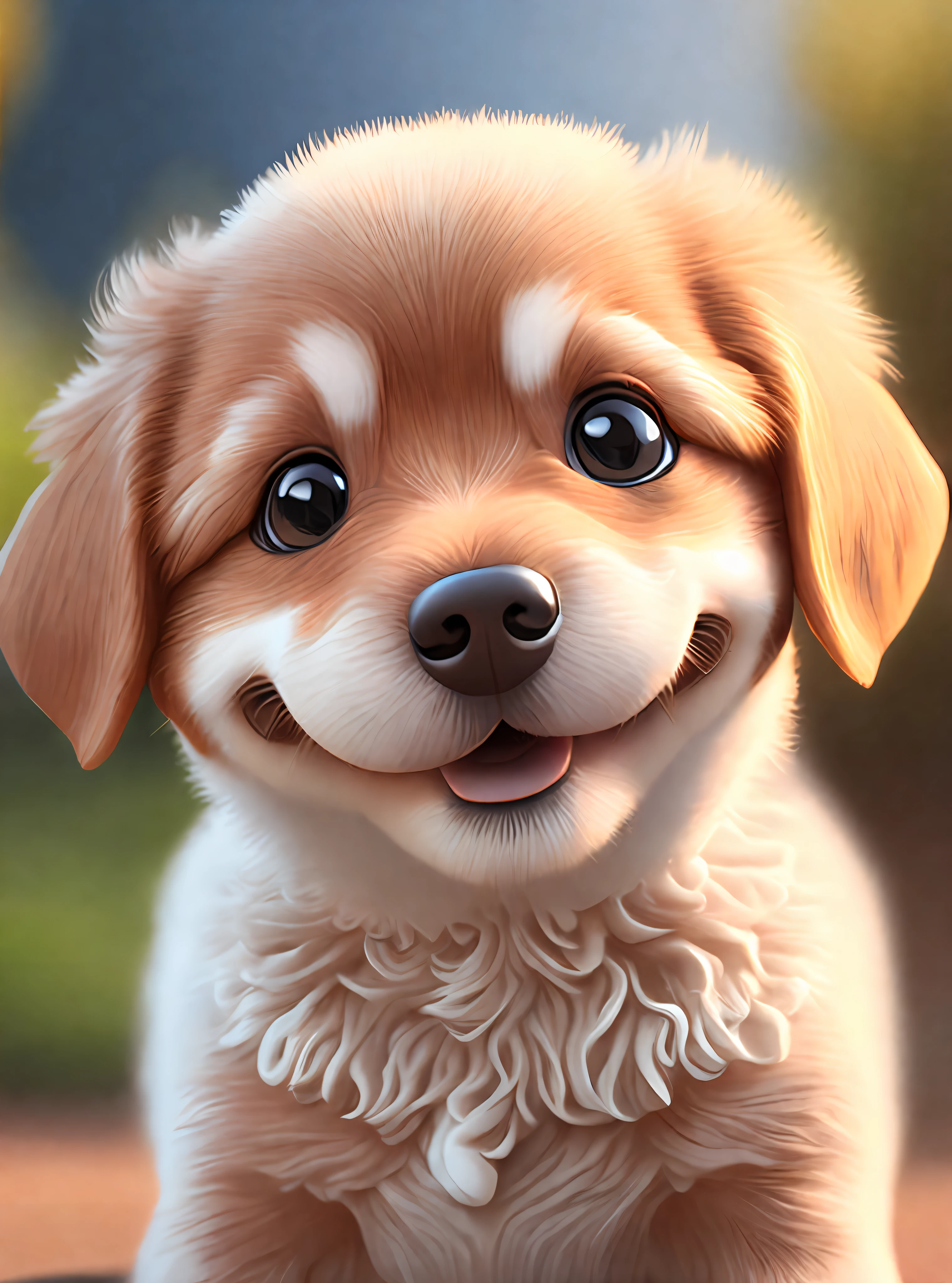 a cute happy dog, portrait, outdoor, background space, toon, pixar style, 3d, cartoon, detailed face, asymmetrical, upper body