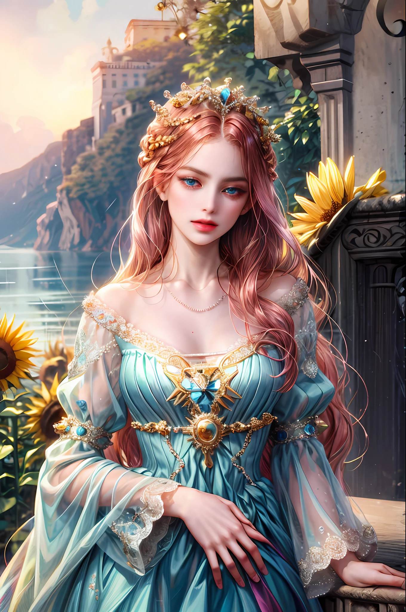 ( Absurdly , High quality , ultra detailed ) ,( hand detailed ) , 1girl, solo, very long hair, sunflower hair , ocean blue eyes ( eye detailed ) Baroque, Necklace, long dress, long sleeve, elegant, colorful, highest detailed, upper body , Zodiac - Cancer goddess , similar to latin goodness , Intelligent, crafty, rational, strong-willed face , Tenacious, moody, irritable, oppressive style , dark pink hair , transparent dress , in the garden with colorful roses , innocent make up look ,