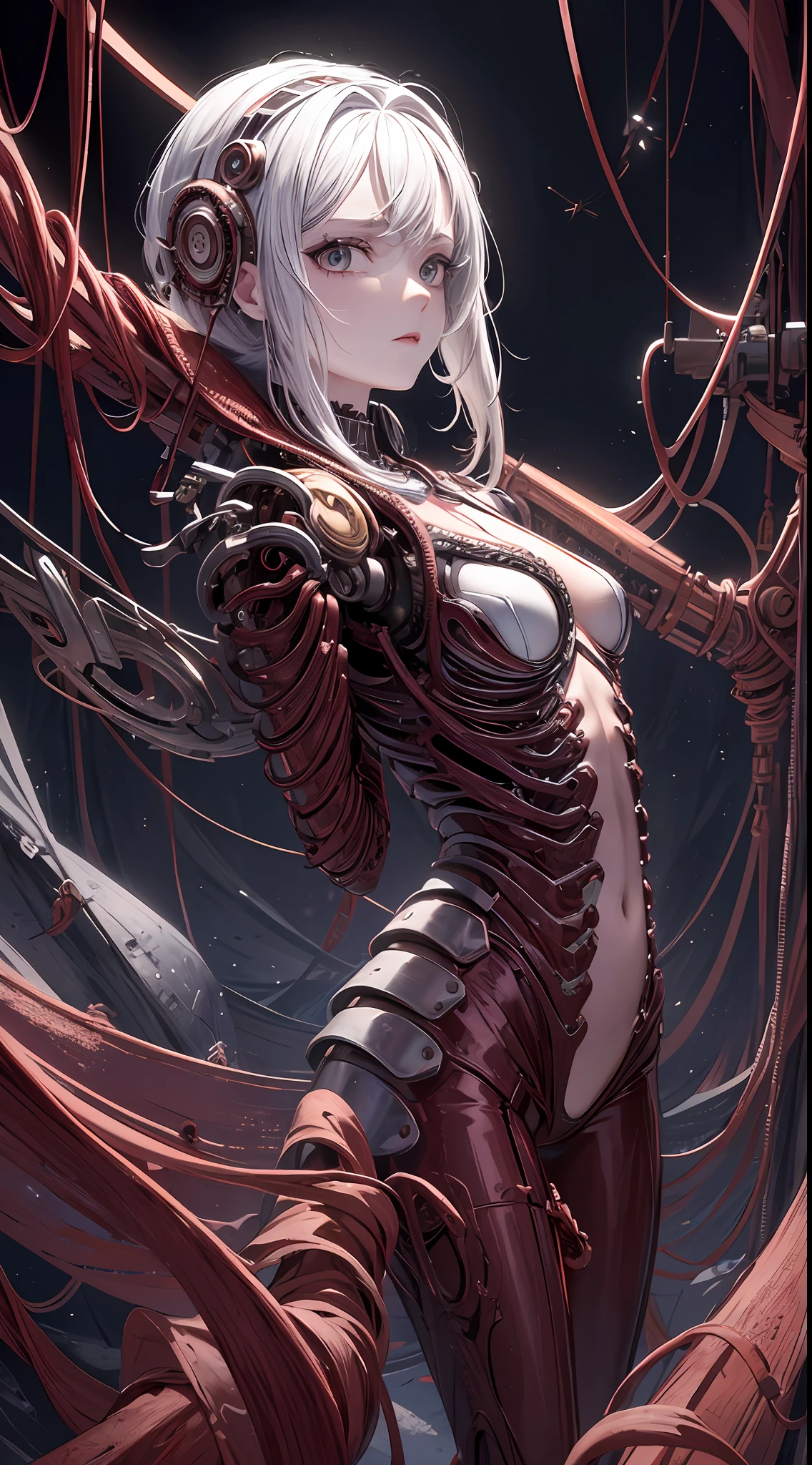 (((Masterpiece))), ((Best Quality)), (Super Detail), (CG Illustration), (Very Evil and Beautiful)), Cinematic Light, ((1 Mechanical Girl)), Single, (Mechanical Art: 1.4), ((Mechanical limb)), (Blood vessel attached to a tube), ((Mechanical spine attached to the back)), ((Mechanical cervical vertebrae attached to the neck), (Back to the viewer)), expressionless, ( Wires and cables attached to the head and body: 1.5), Science Fiction, Apocalypse, Ruins, (Lower Body Integrated with Mechanical Devices), (Blood: 1.5), Cruelty, Absurdity, Eroticism, Fusion with Machines, Doomsday Time, Super Future, Inorganic, Laboratory, Restraint, (Beautiful Indulgence: 1.2), (1 Girl: 1.3), Body Wrapped Around Mechanical Tentacles