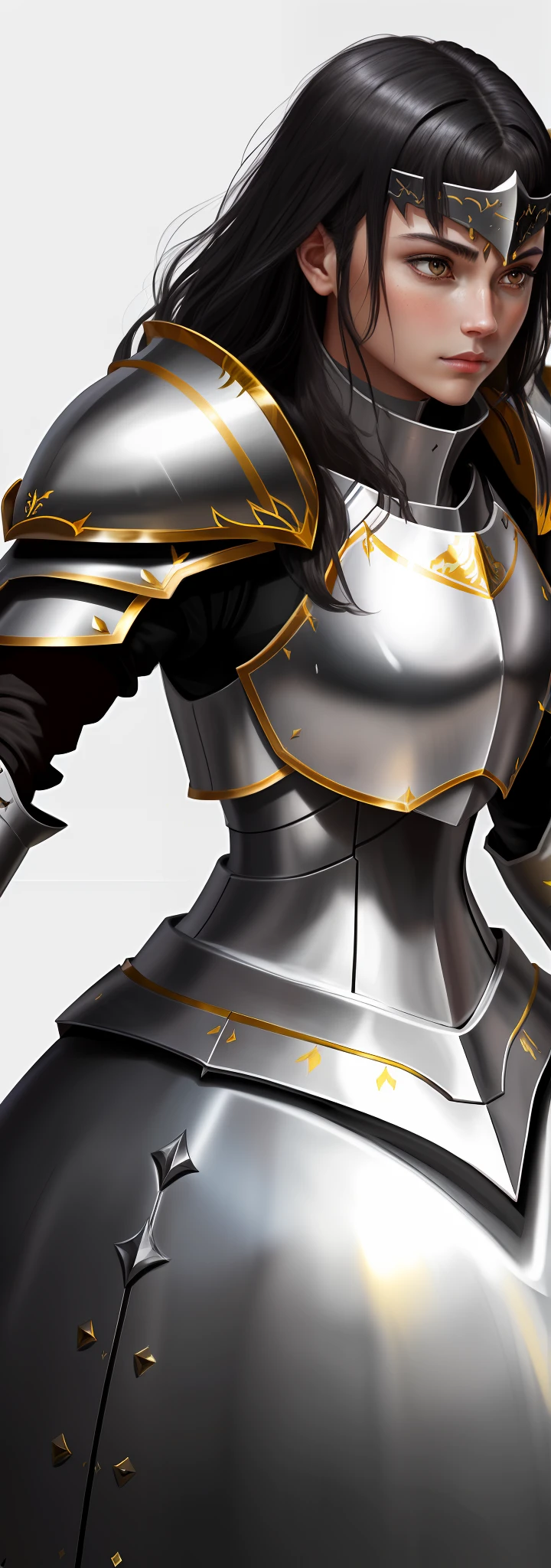 arafed woman in armor posing for a picture in a white background, glossy black armor, female knight, shiny black and gold heavy armor, girl in knight armor, female paladin, shining plate armor, paladin armor, heavy black and golden armor, dressed in light armor, epic paladin armor, with sleek black armor, female armor, shiny black plastic armor with gold trim