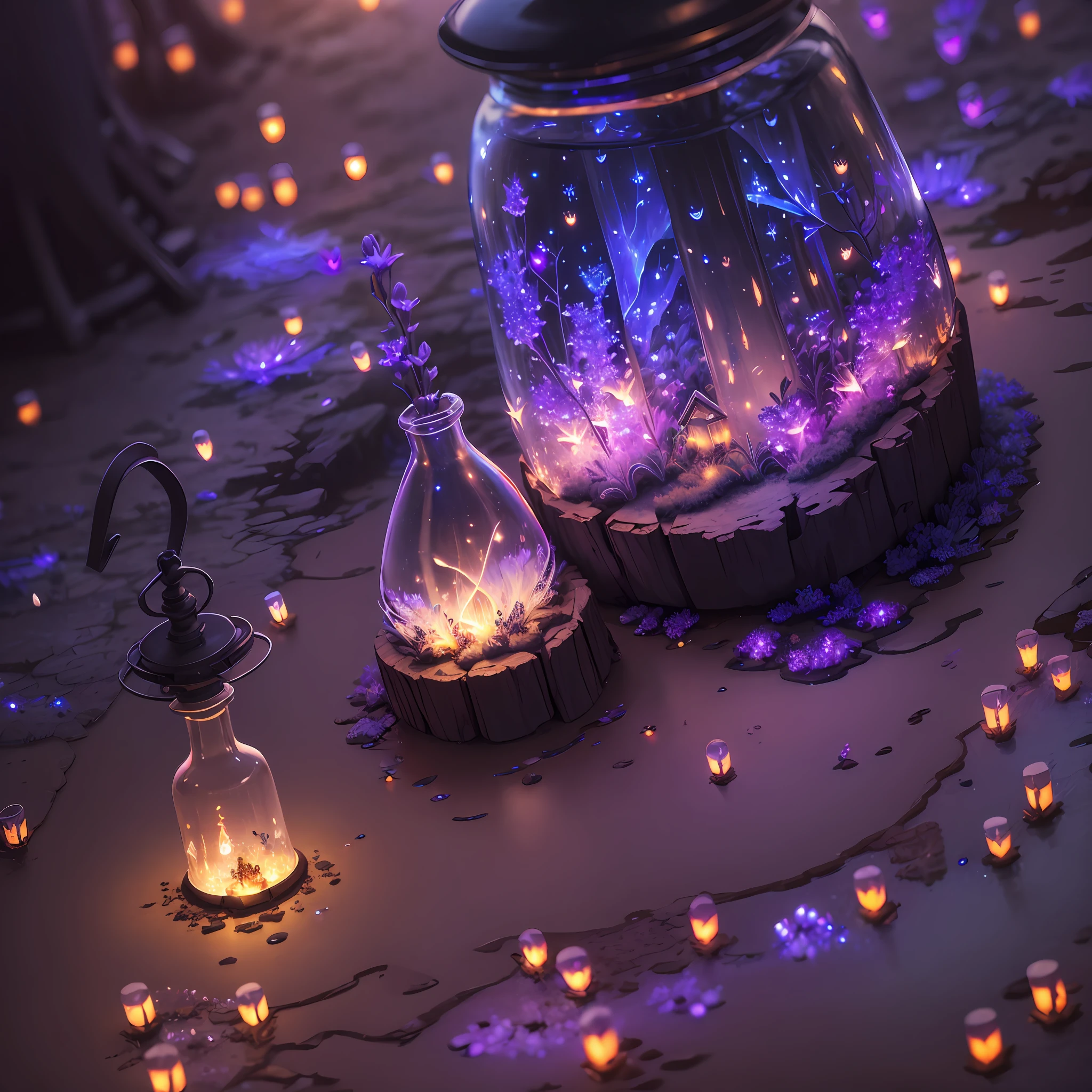 Computer, Extensive Landscape Ultrasound Photography bottle, glass flower, glowing mushrooms, mist, (general view showing transparent flower, mushrooms, glass, reflection),inside the bottle flower, mushrooms, glass, reflected moon, meteor shower, (ultradetailed), burning lighthouse, glass, (detailed), shards, glass (detailed), night night, moon reflection, (1:3), fireflies (1:3), BREAK production art, (cold light source:1.2), (Firefly:1.2), purple, fire particles, colors, intricate details, volumetric lighting, realistic fantasy BREAK (masterpiece:1.2), (best quality), 4k, ultra-detailed, (dynamic composition: 1.4), high detailed, colorful details, (gloomy colors: 1.2), (luminous lighting, atmospheric lighting), gloomy, dark, magical --auto --s2